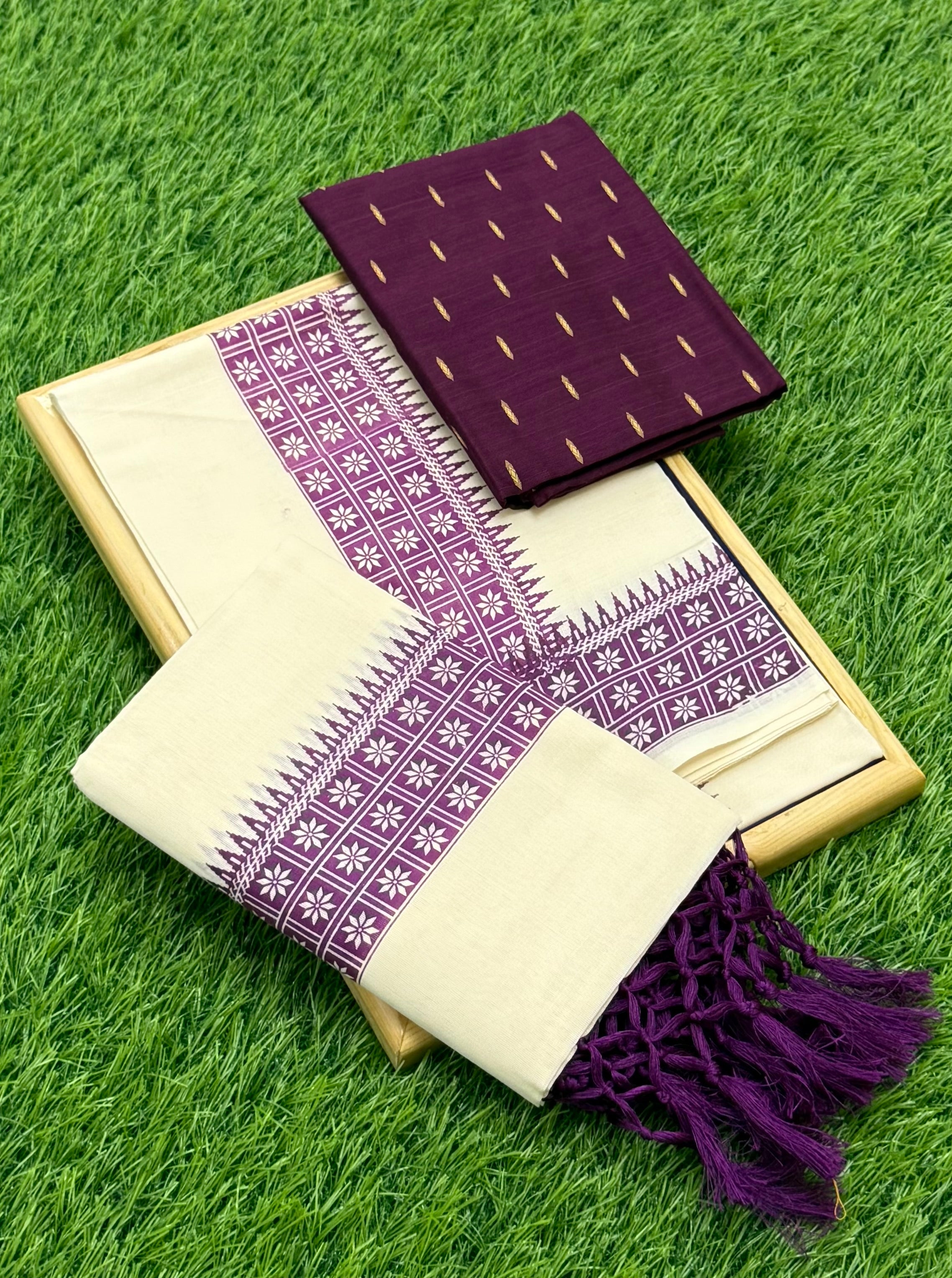 FANCY PRINTED SINGLE SET MUNDU (MUNDUM NERIYATHUM) WITH BLOUSE PIECE - 2 X 2.80 MTRS
