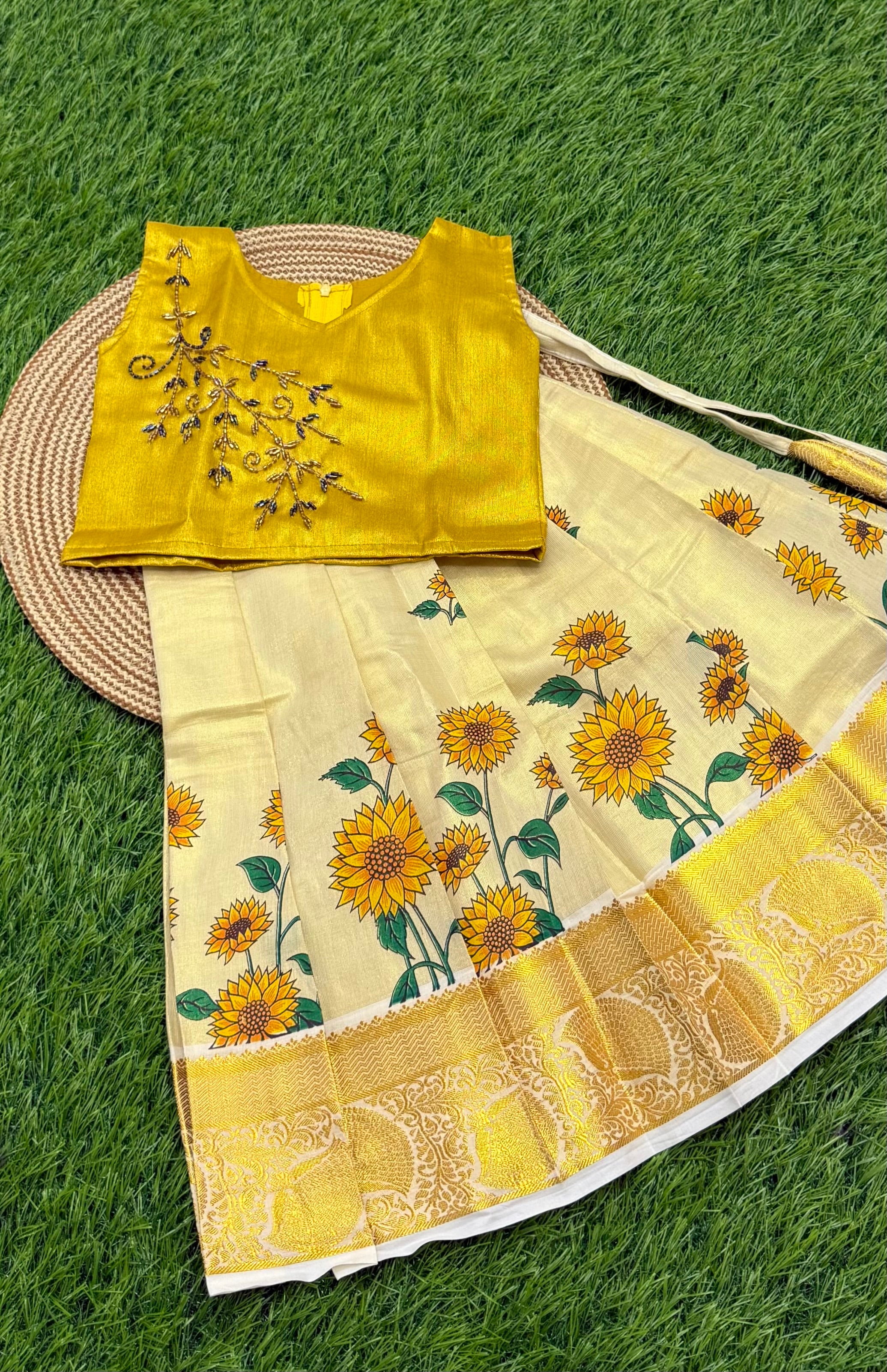 KIDS GIRL'S PATTU PAVADAI - CREAM & YELLOW