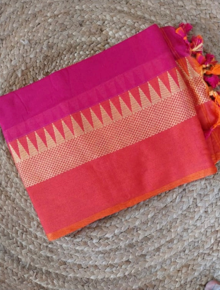 SOFT KHADI SAREE,TEMPLE BORDER - HOT PINK