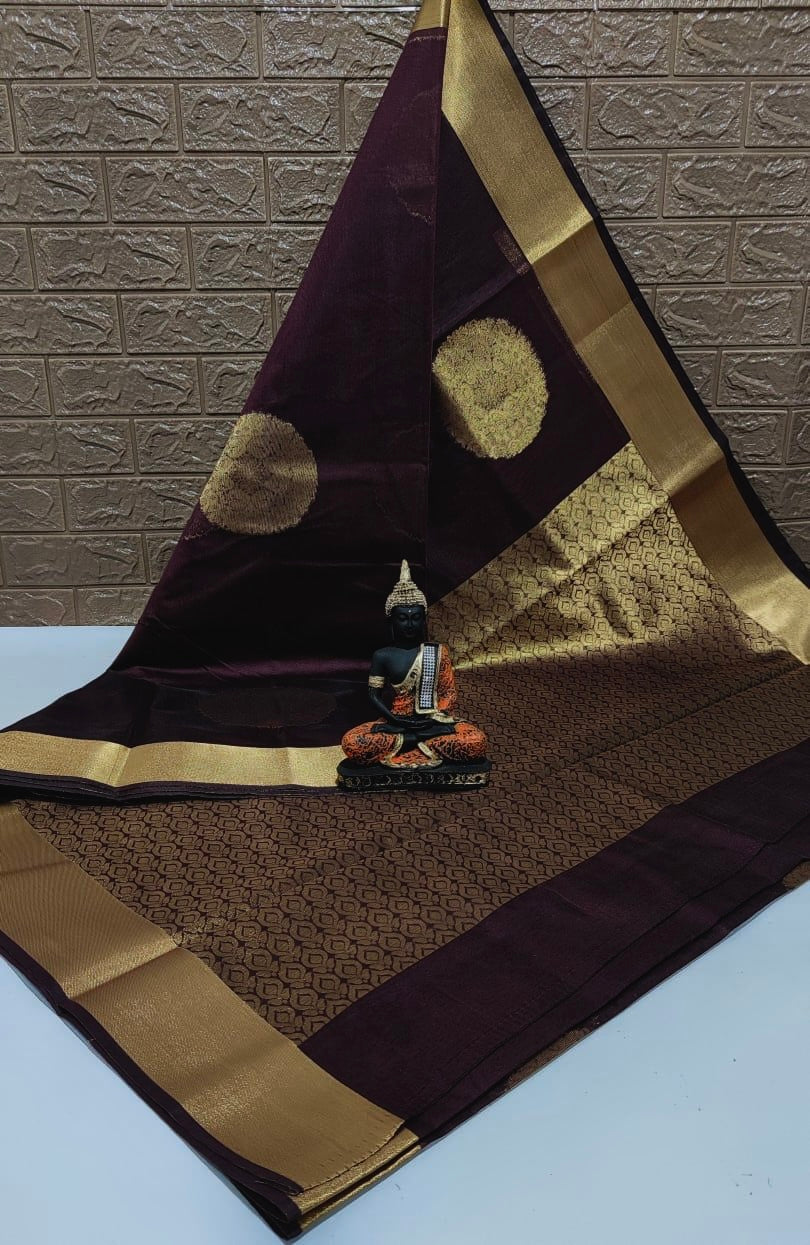 KANCHIPURAM HANDLOOM SILK COTTON SAREE - DARK BROWN