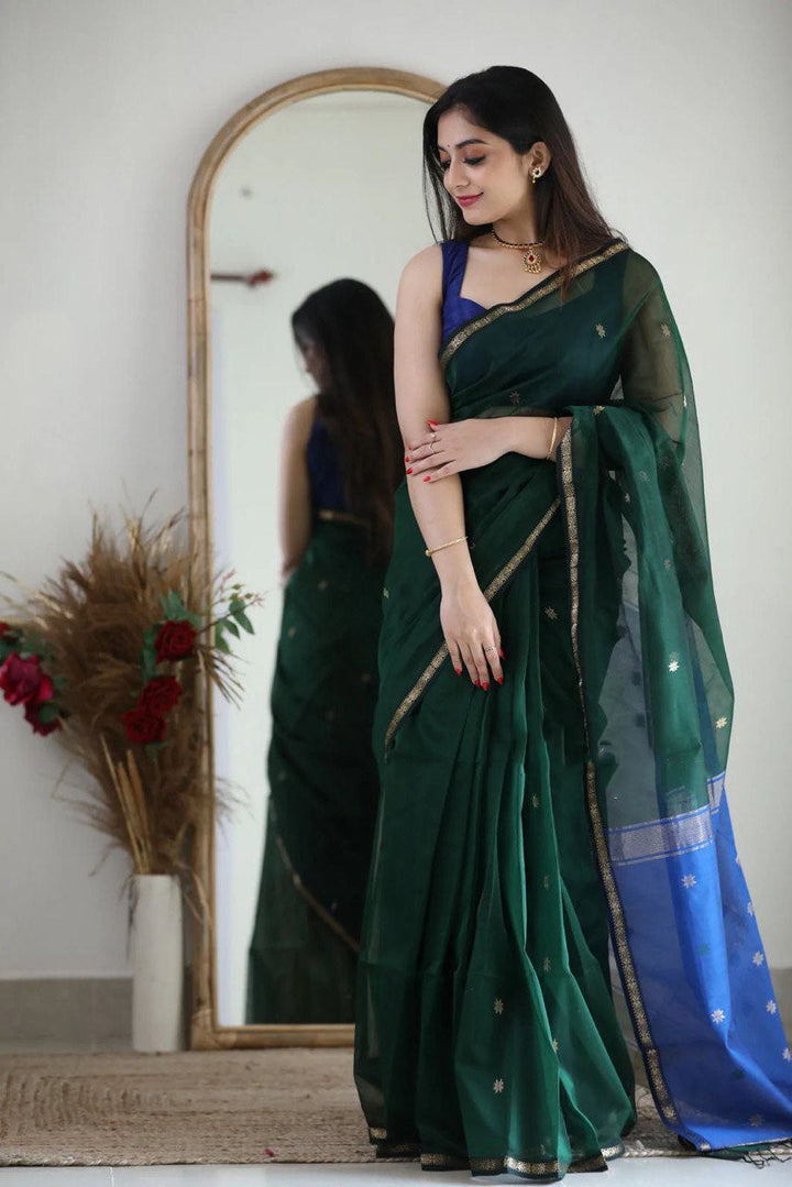 MAHESHWARI COTTON SILK SAREE - HUNTER GREENN