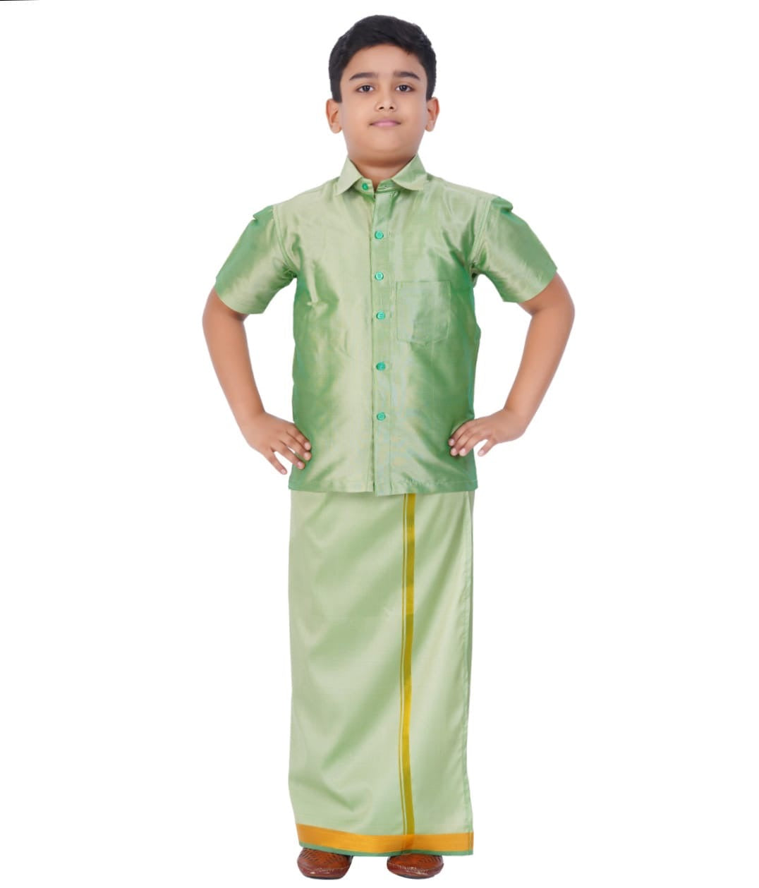 KIDS BOYS VELCRO DHOTI & SHIRT SET - PASTEL GREEN