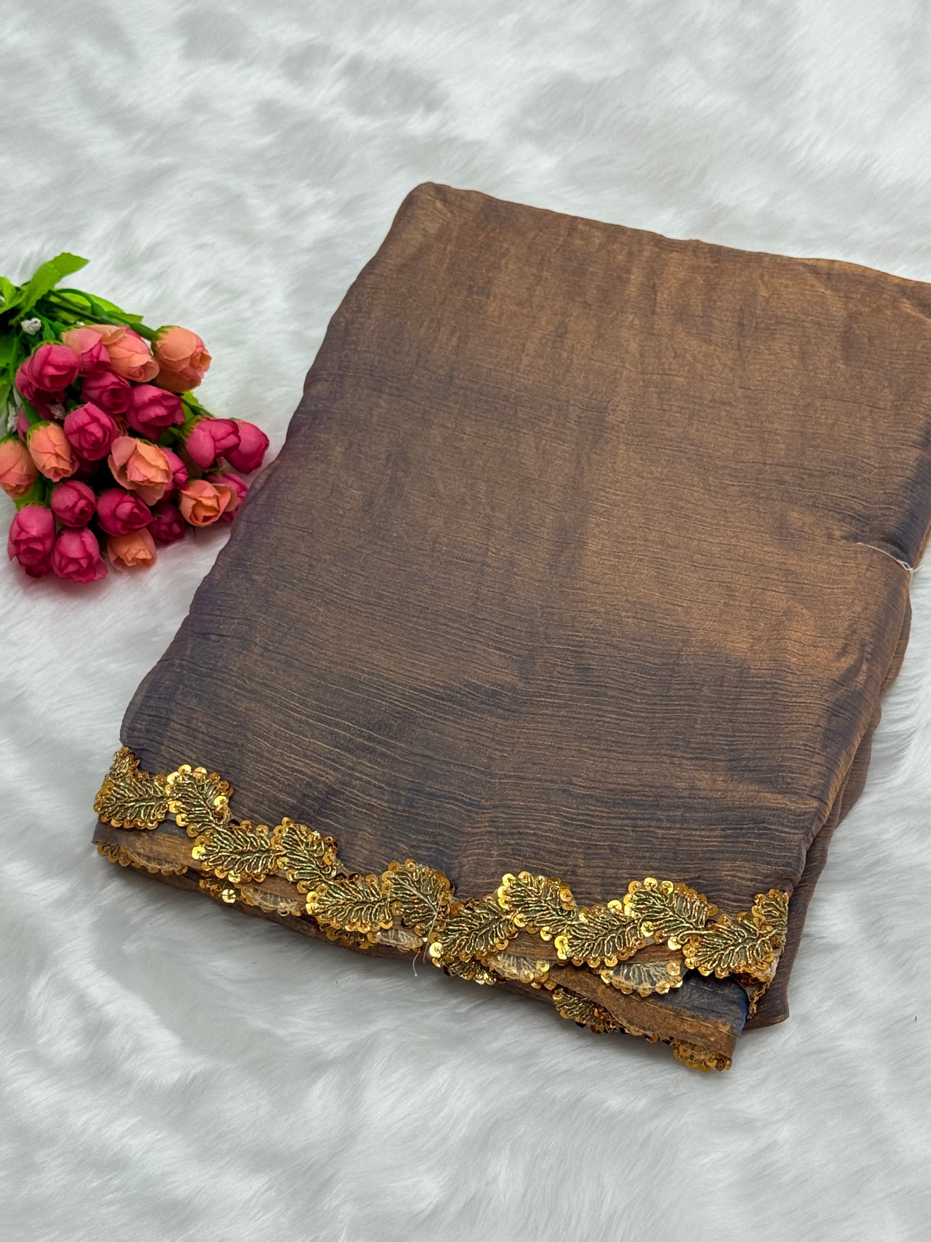 SPACE SILK FANCY SAREES - TAUPE GOLD