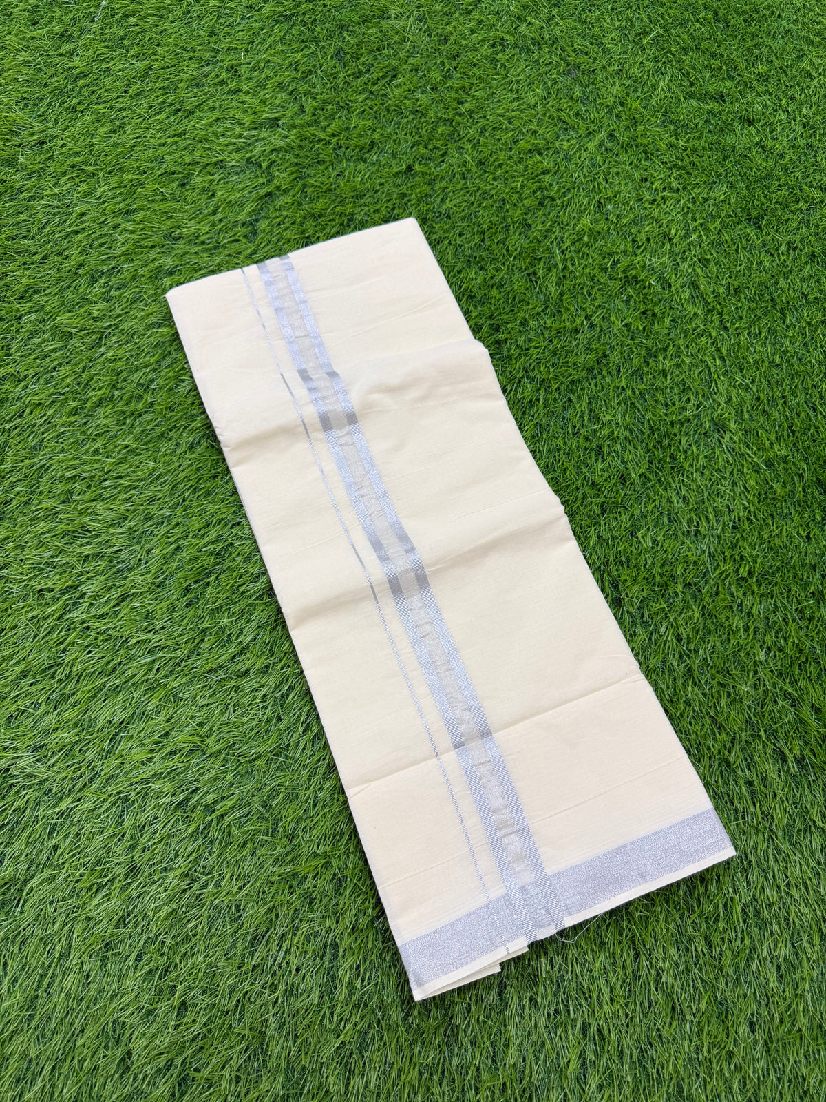 MEN'S CREAM DOUBLE DHOTI WITH SILVER ZARI BORDER