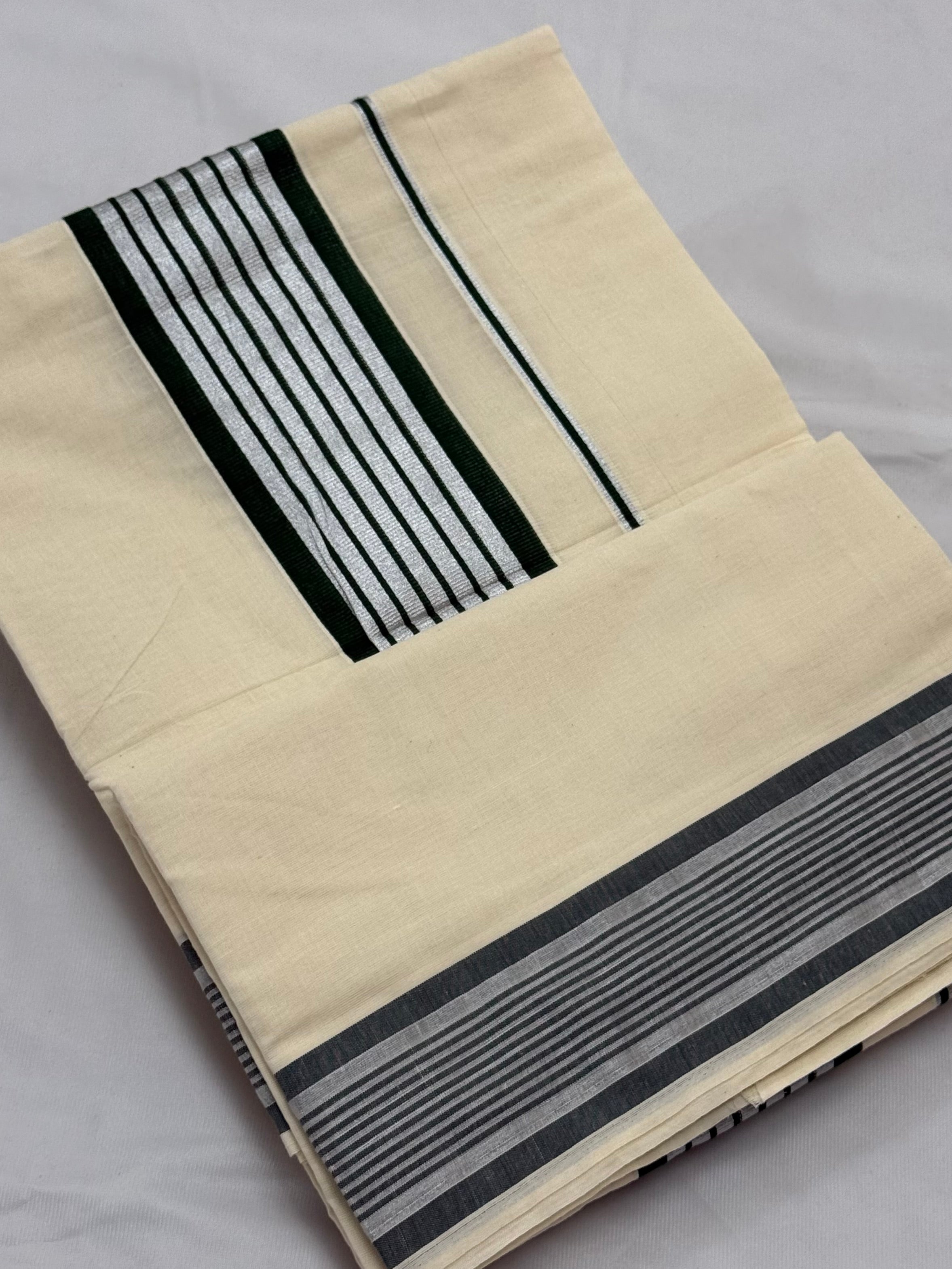 KERALA STRIPES KASAVU COTTON SAREE - (SILVER,GREEN,OFF WHITE)