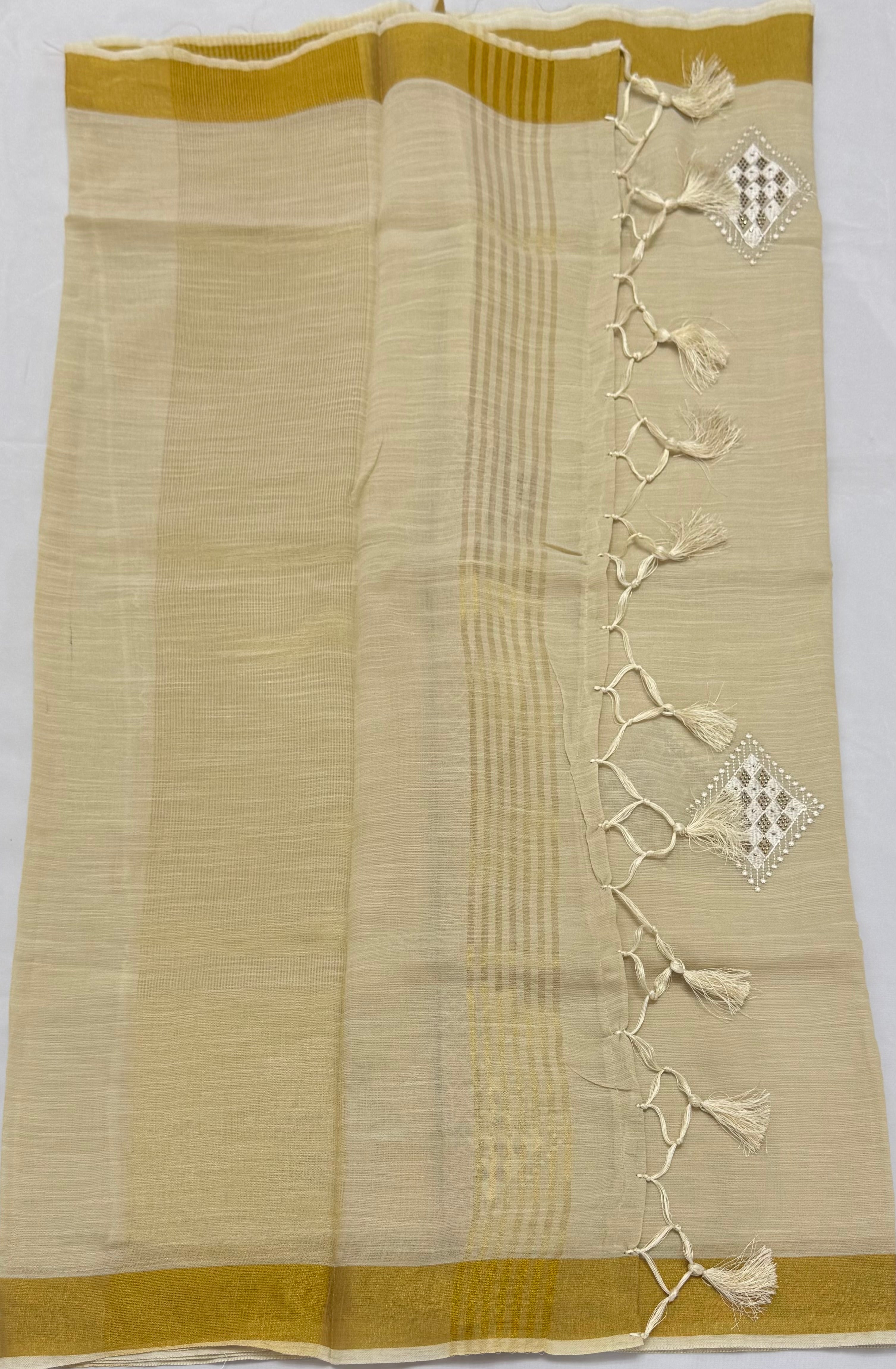 EMBROIDERY CUTWORK KERALA SOFT COTTON SAREE - (BEIGE,GOLD)