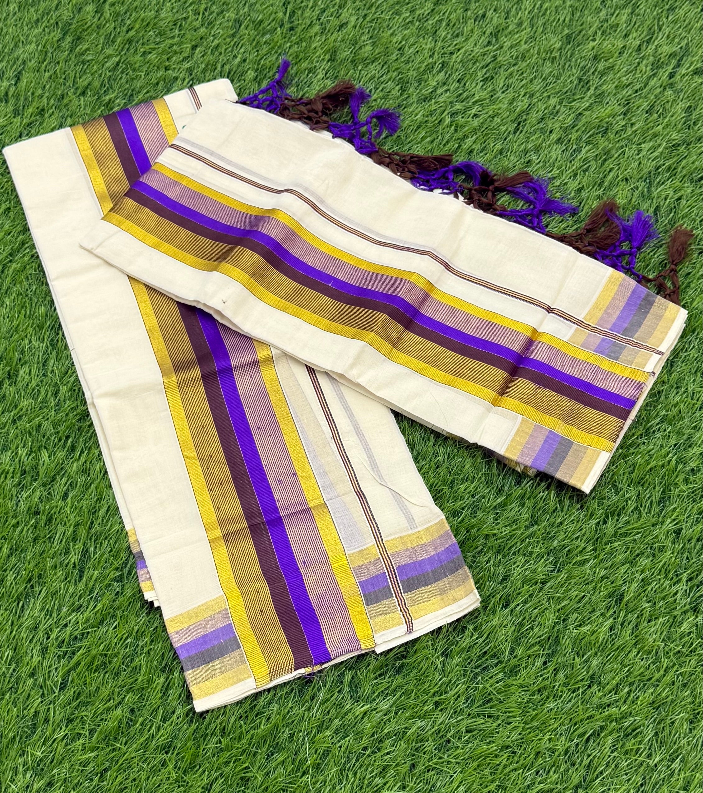 KASAVU COTTON STRIPE PATTERN SINGLE SET MUNDU (MUNDUM NERIYATHUM) - 2 X 2.80 MTRS - (OFF WHITE)