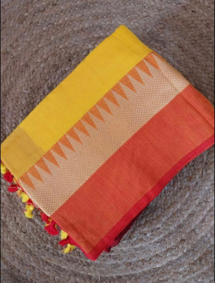 SOFT KHADI SAREE,TEMPLE BORDER - YELLOW