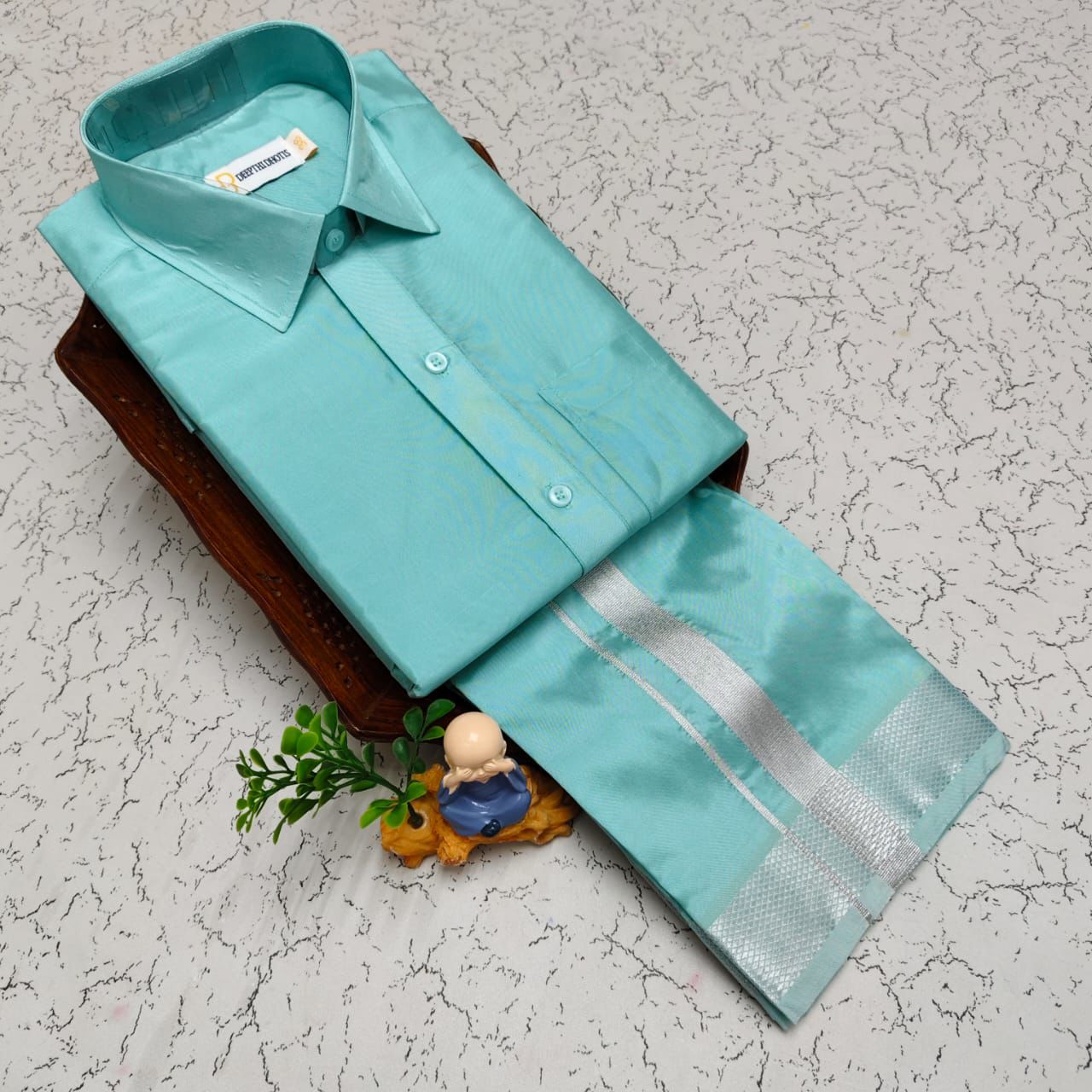 MEN'S PREMIUM SILK VELCRO DHOTI SHIRT SET - PASTEL GREEN