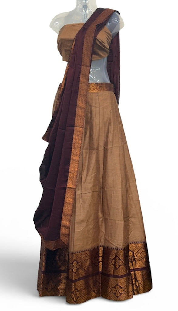 TRADITIONAL ONAM SPECIAL COTTON SILK DHAVANI SET - COPPER BROWN