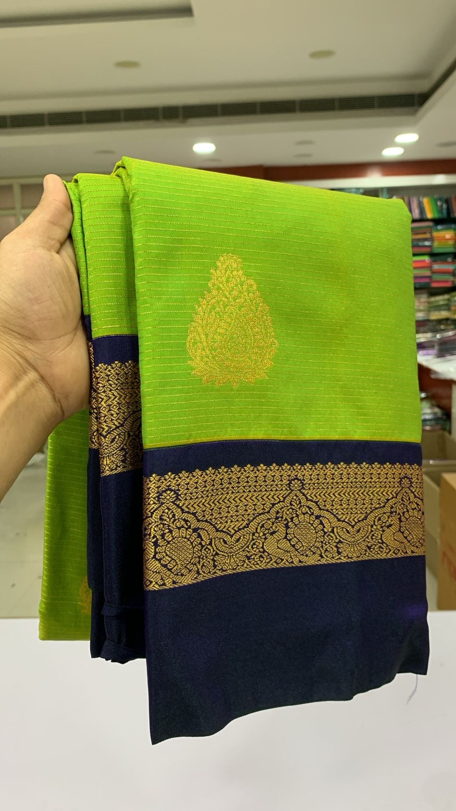SEMI KANCHI SILK SAREE - LIME GREEN & NAVY BLUE