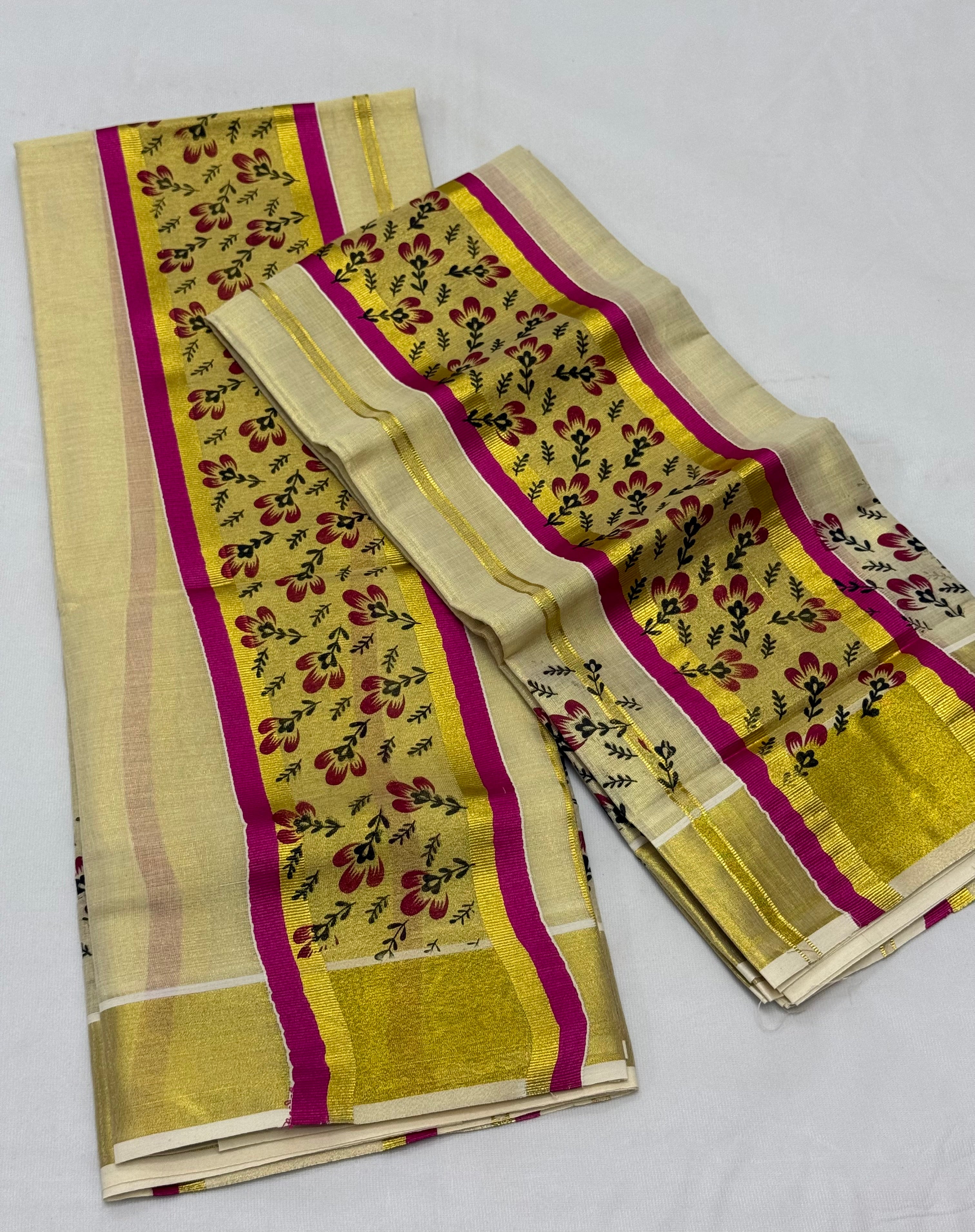 FLORAL TISSUE SINGLE SET MUNDU (MUNDUM NERIYATHUM) - 2 X 2.80 MTRS - (CREAM,GOLD,PINK)