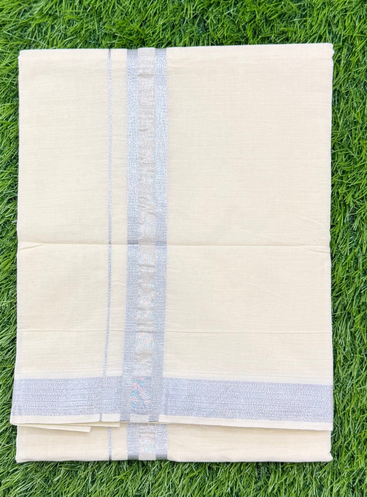 MEN'S CREAM DOUBLE DHOTI WITH SILVER ZARI BORDER