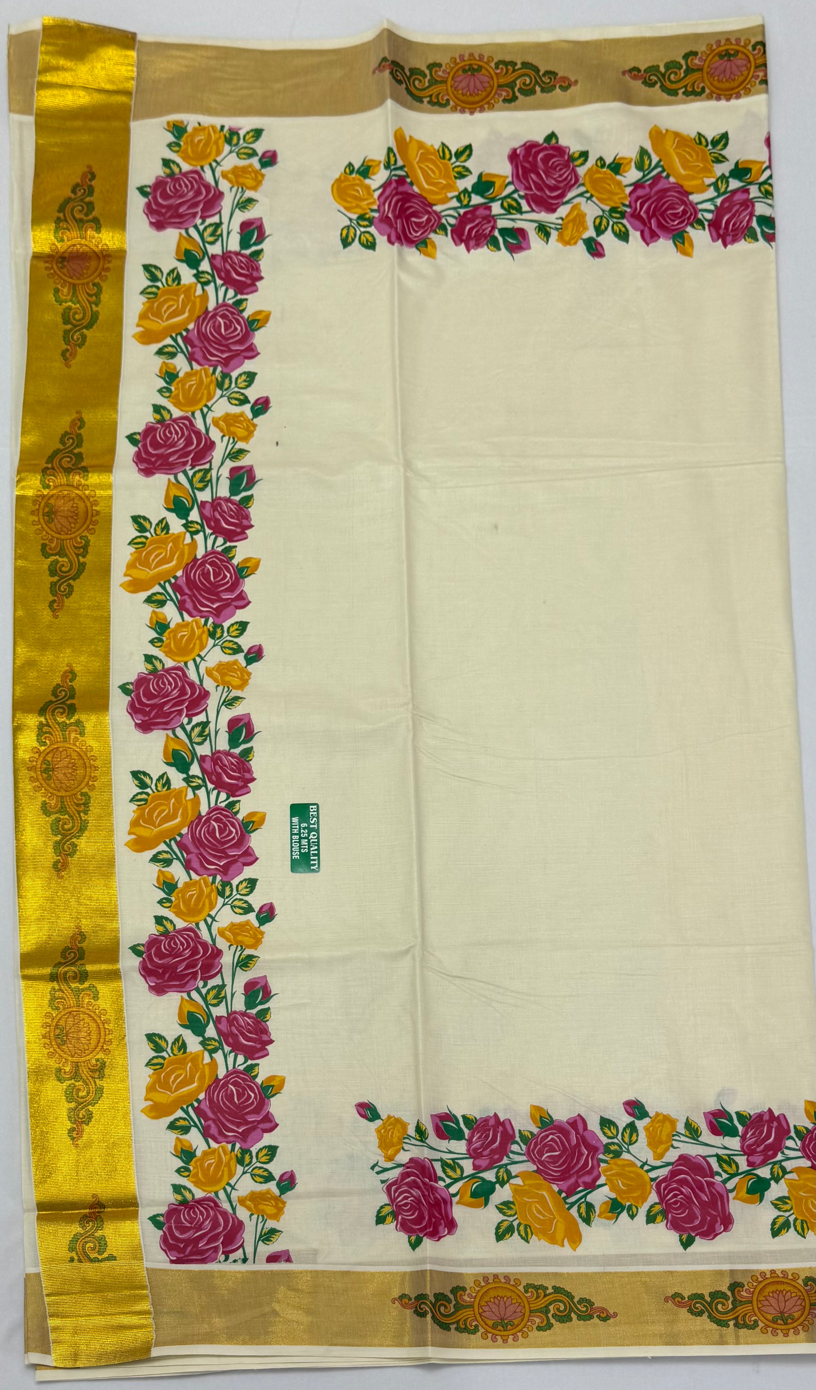 MURAL PAINTED/PRINTED KASAVU COTTON SAREE (GOLD)