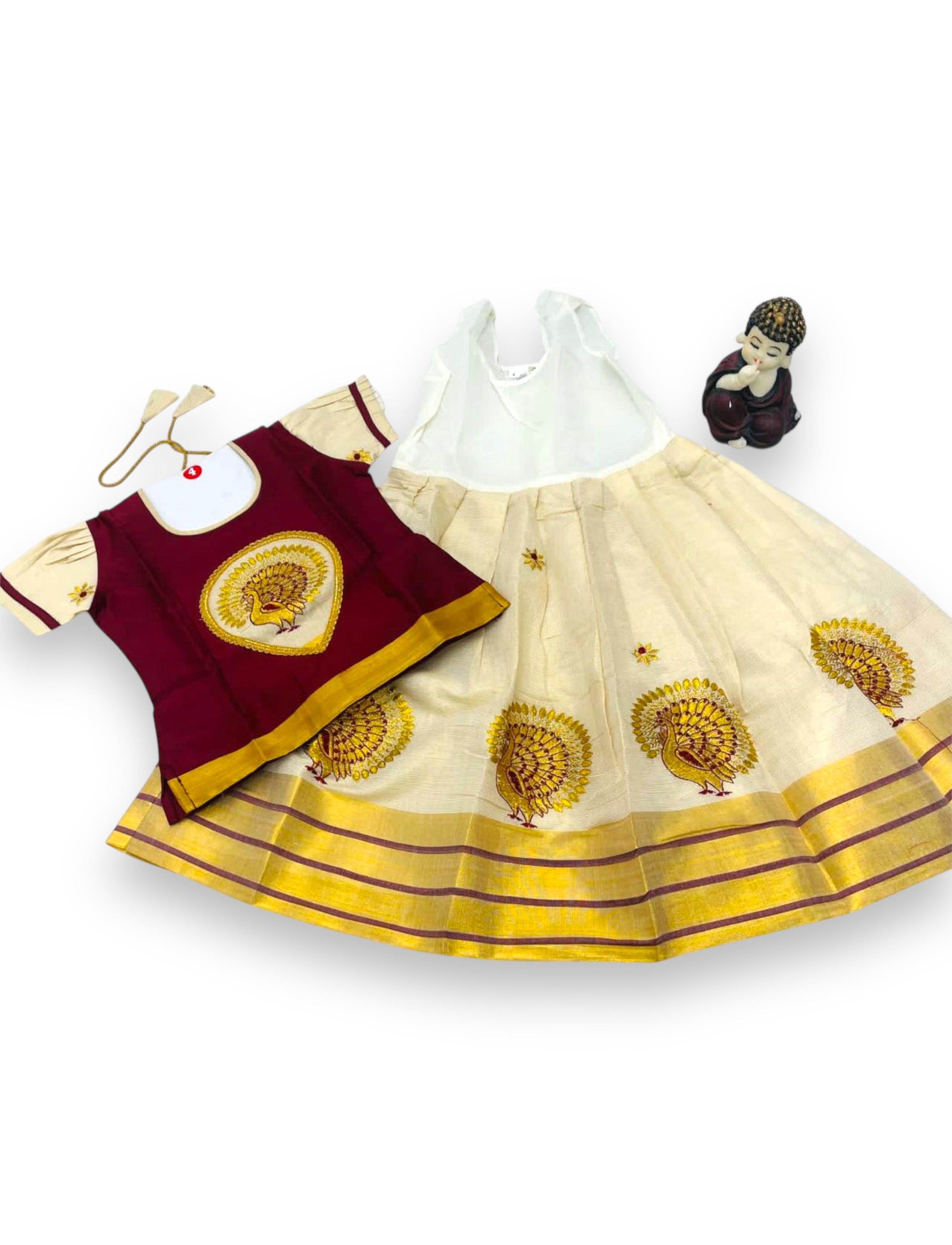 KIDS GIRL'S PATTU PAVADAI - MAROON & CREAM