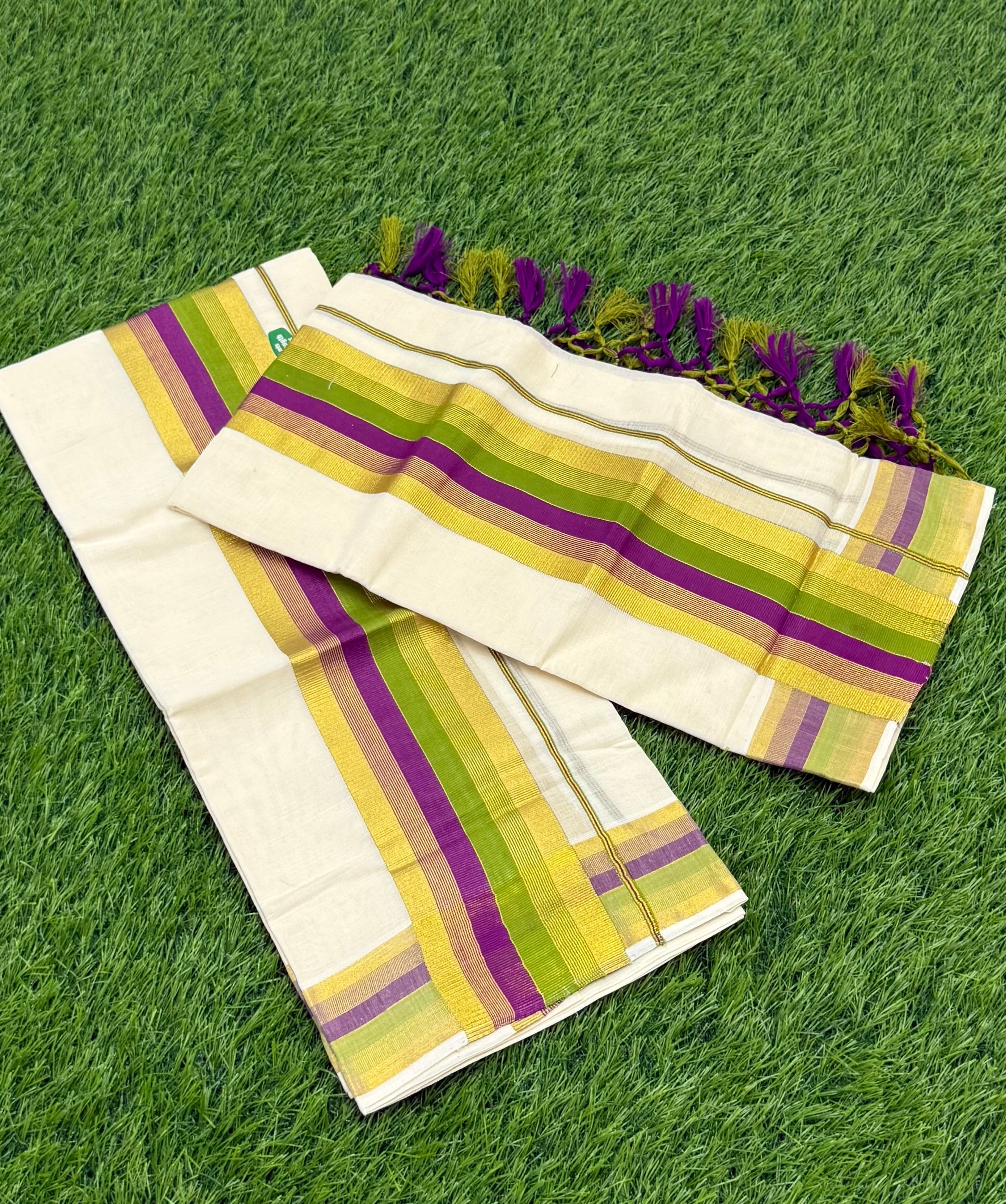 KASAVU COTTON STRIPE PATTERN SINGLE SET MUNDU (MUNDUM NERIYATHUM) - 2 X 2.80 MTRS - (OFF WHITE)