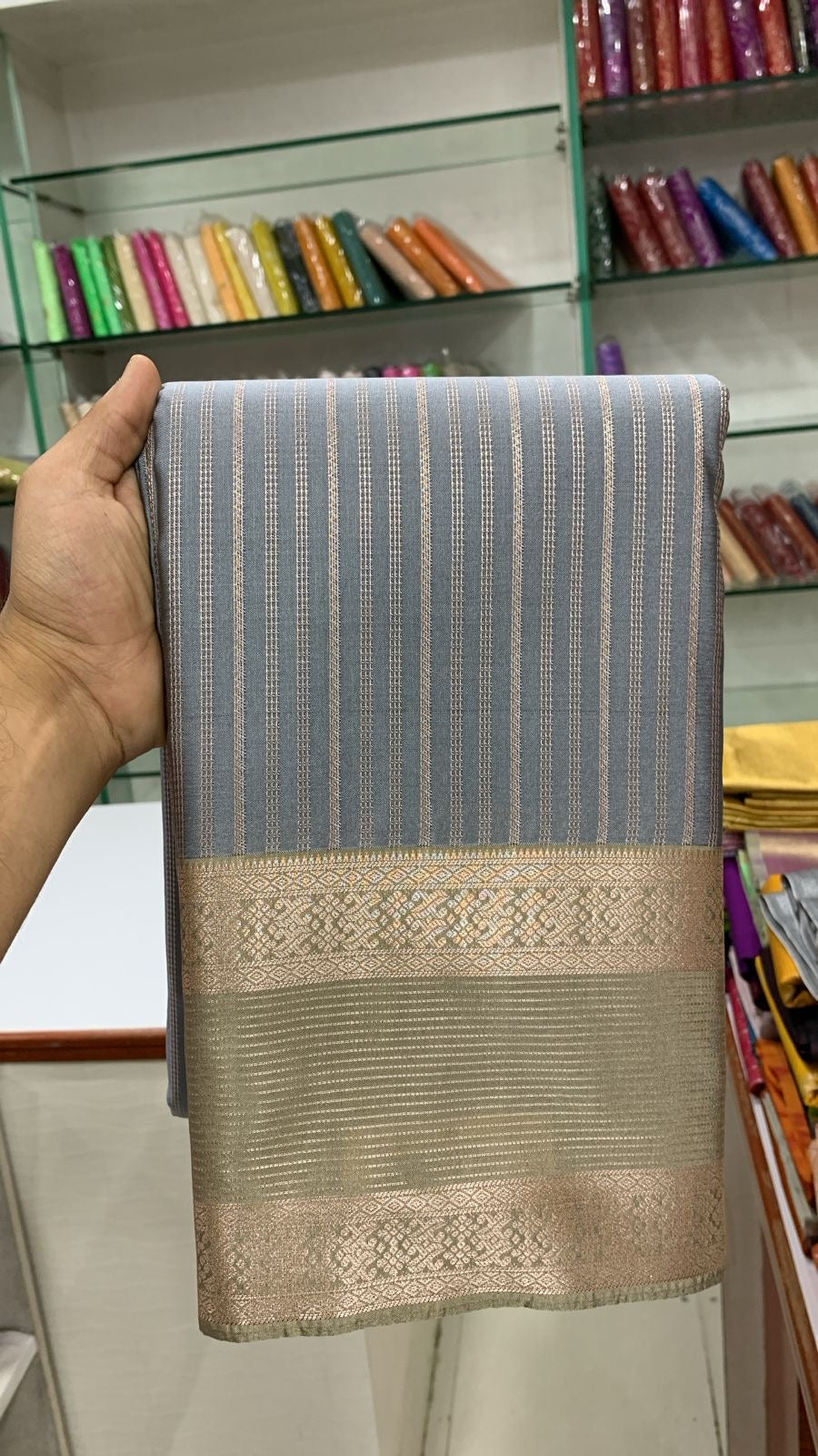SEMI KANCHI SILK SAREE - GREY & SAGE GREEN