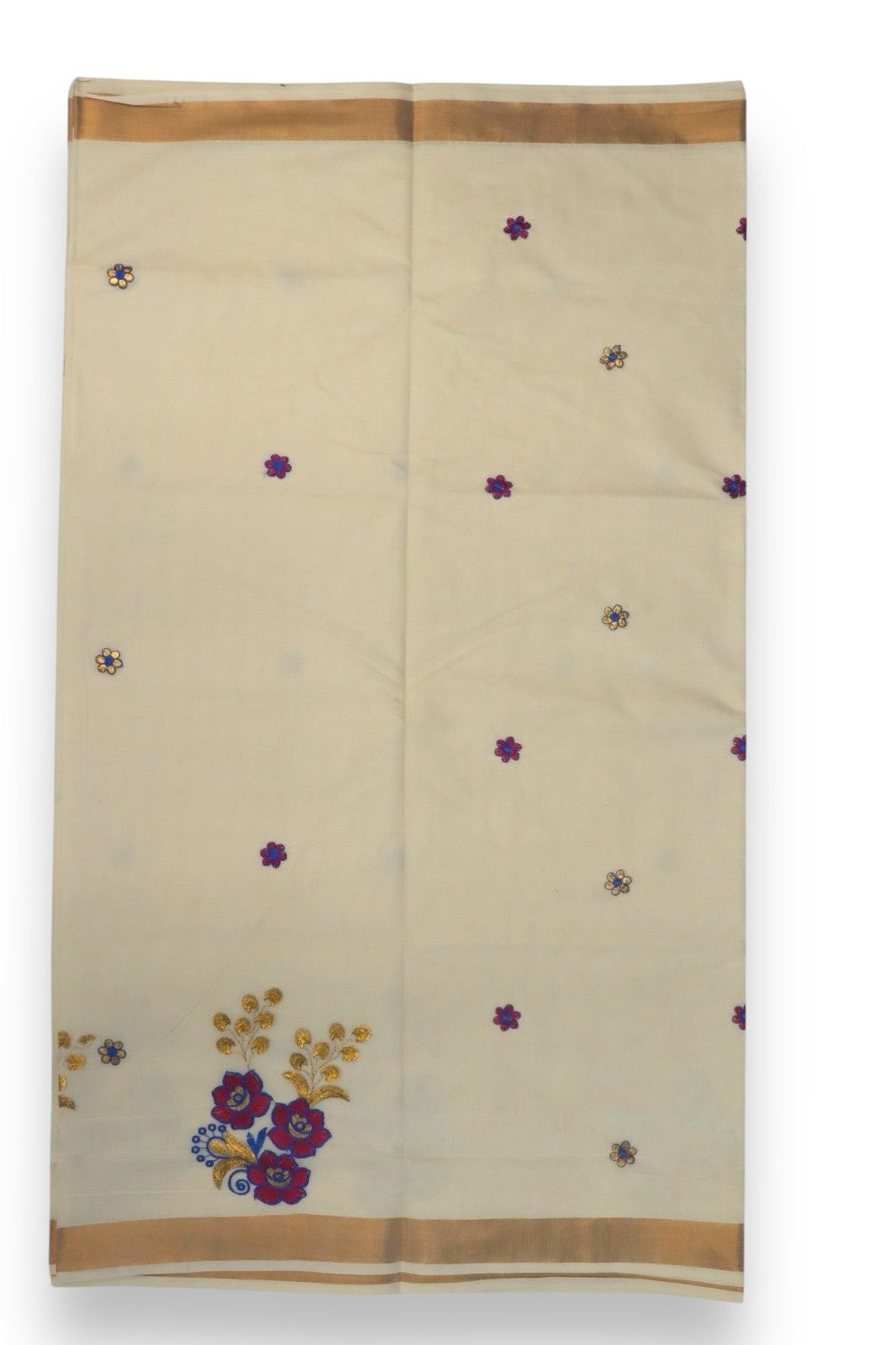 KASAVU COTTON FLORAL EMBROIDERY SAREE (BEIGE,GOLD)