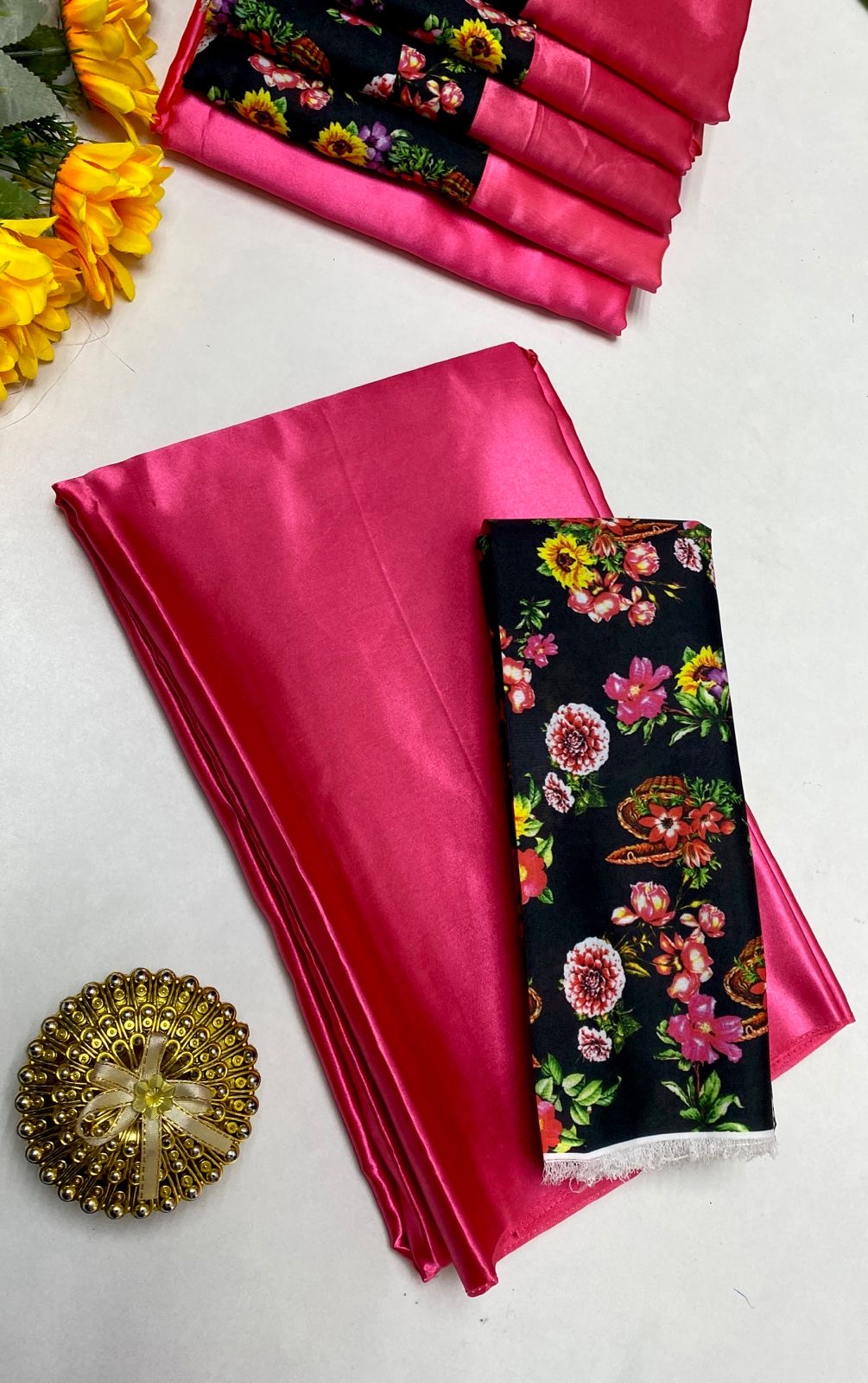 PLAIN SATIN SILK SAREE WITH DIGITAL PRINTED BLOUSE -  FUCHSIA