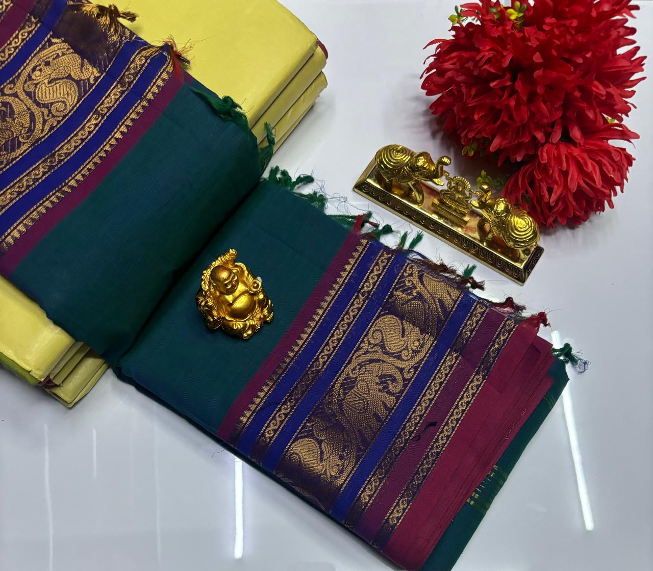 PURE  KANCHI COTTON SAREES - FOREST GREEN