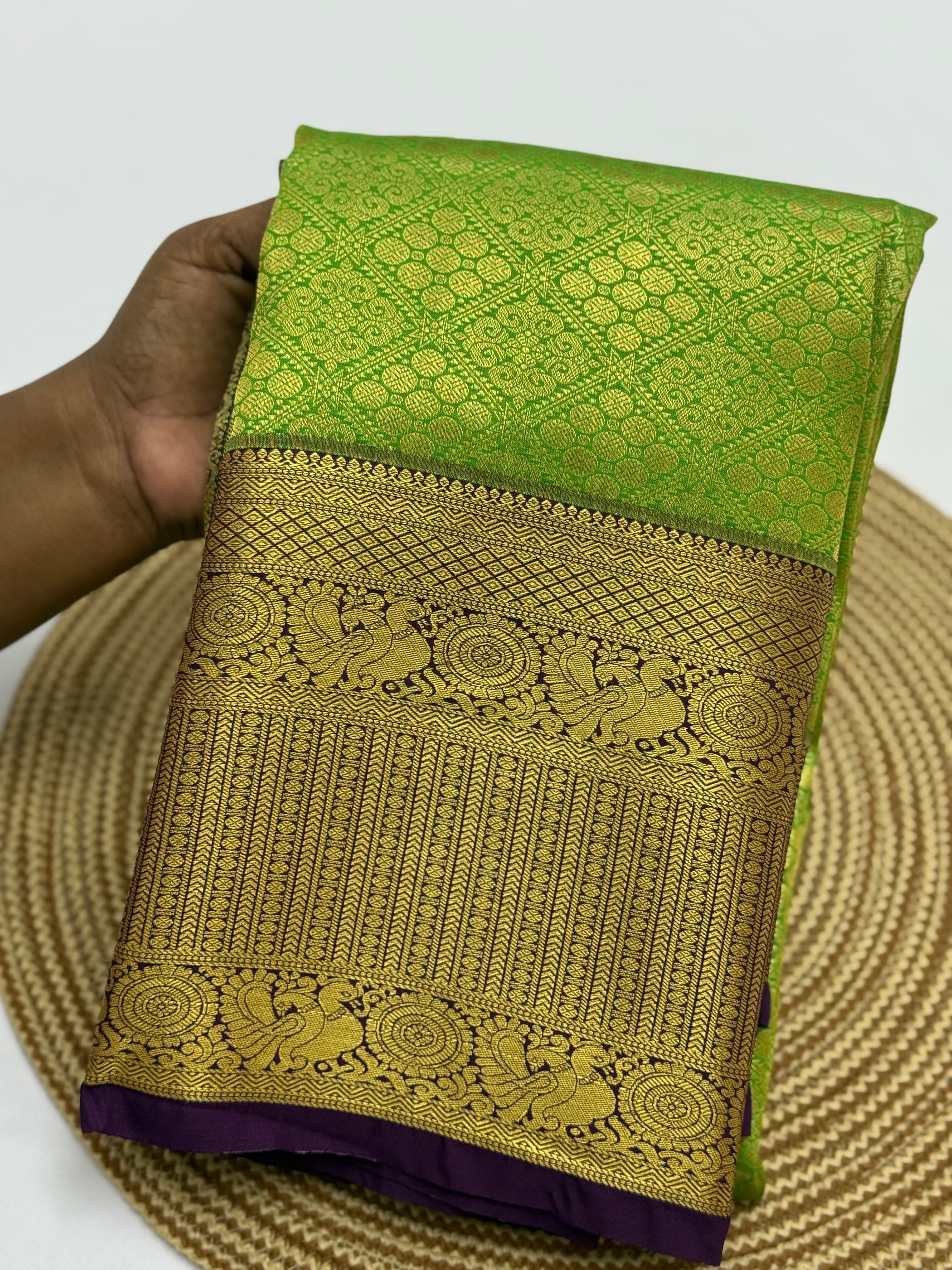PREMIUM SEMI BROCADE SILK SAREE - LAWN GREEN