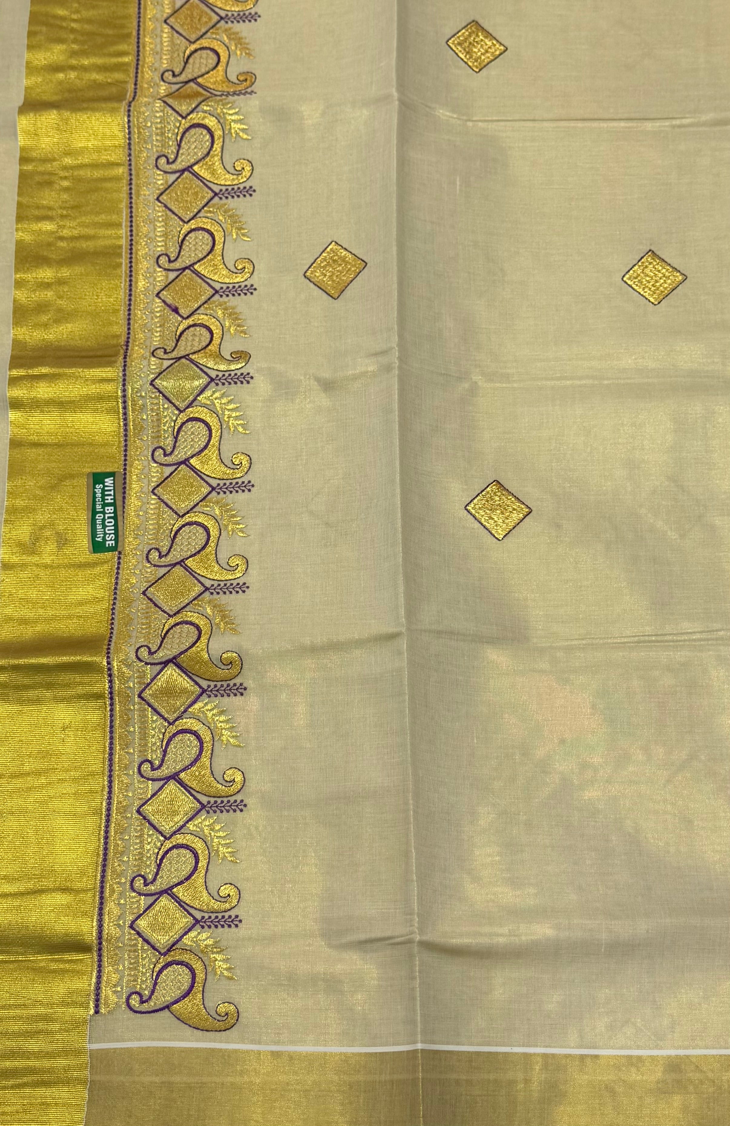 KERALA KASAVU TISSUE SILK EMBROIDERY  SAREE - (GOLD,CREAM)