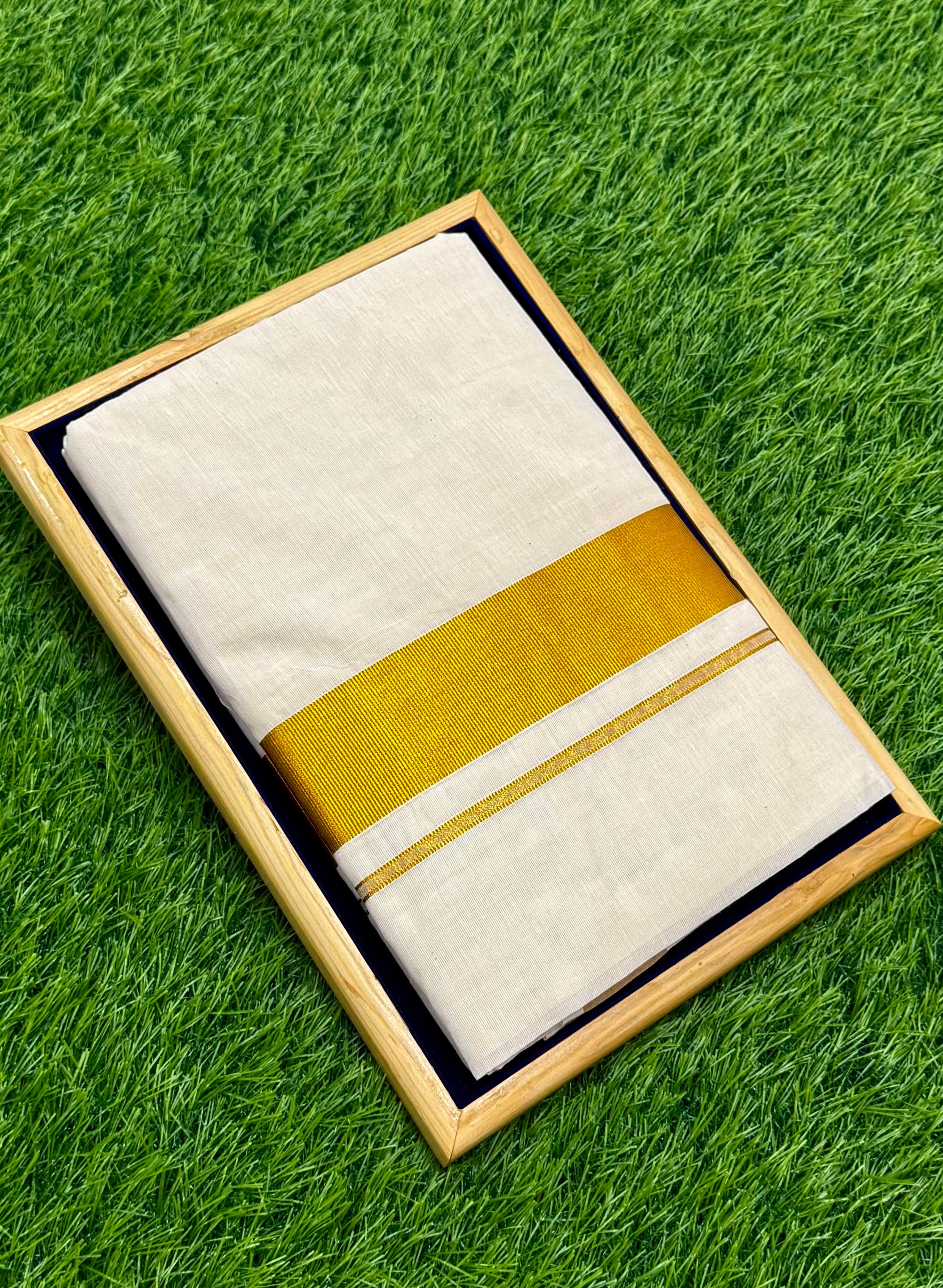 TRADITIONAL KASAVU COTTON SOLID SAREE - (GOLD,OFF WHITE)