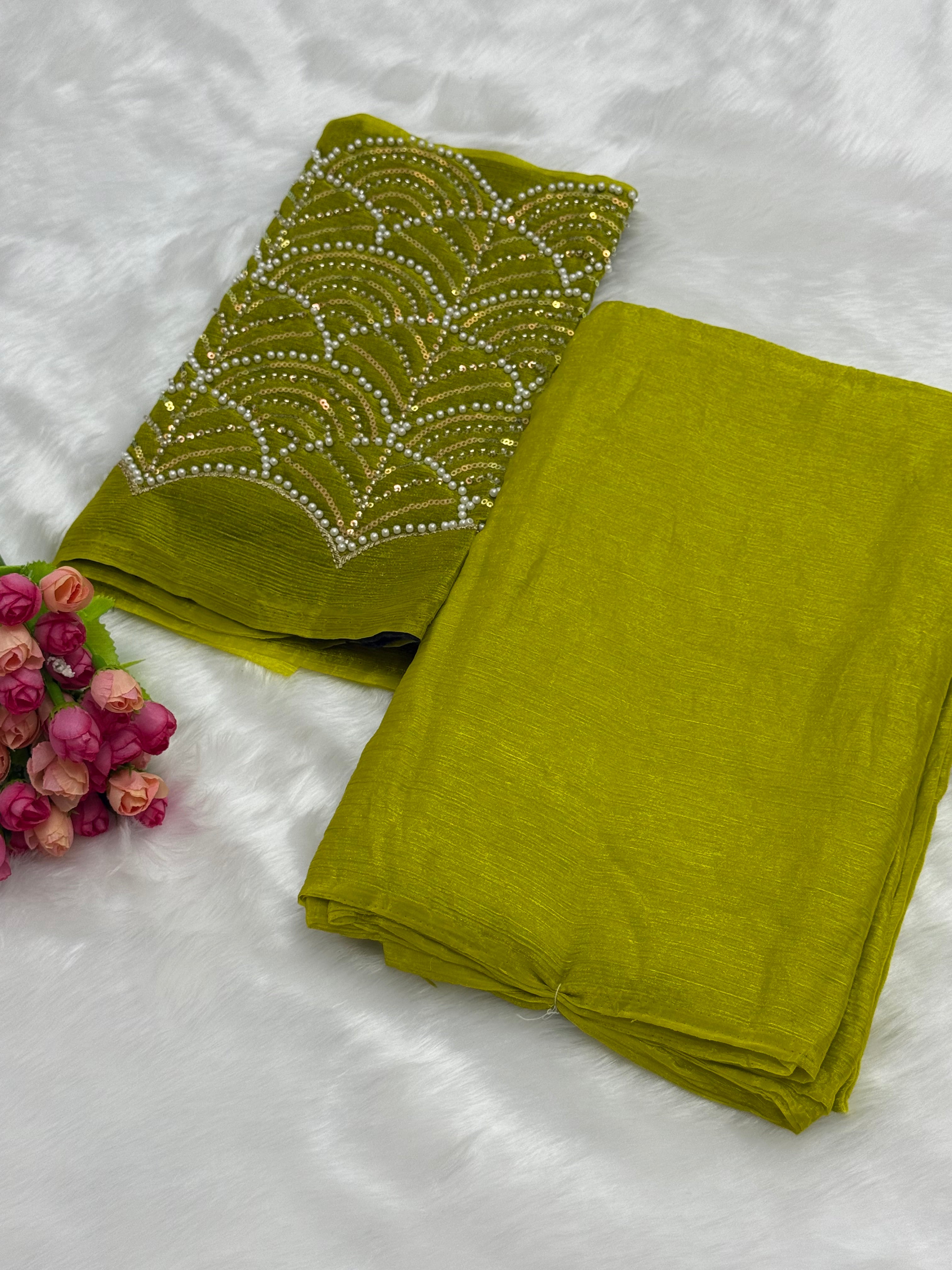 PREMIUM SPACE SILK SAREE WITH A MATCHING BLOUSE PIECE - CHARTREUSE GREEN