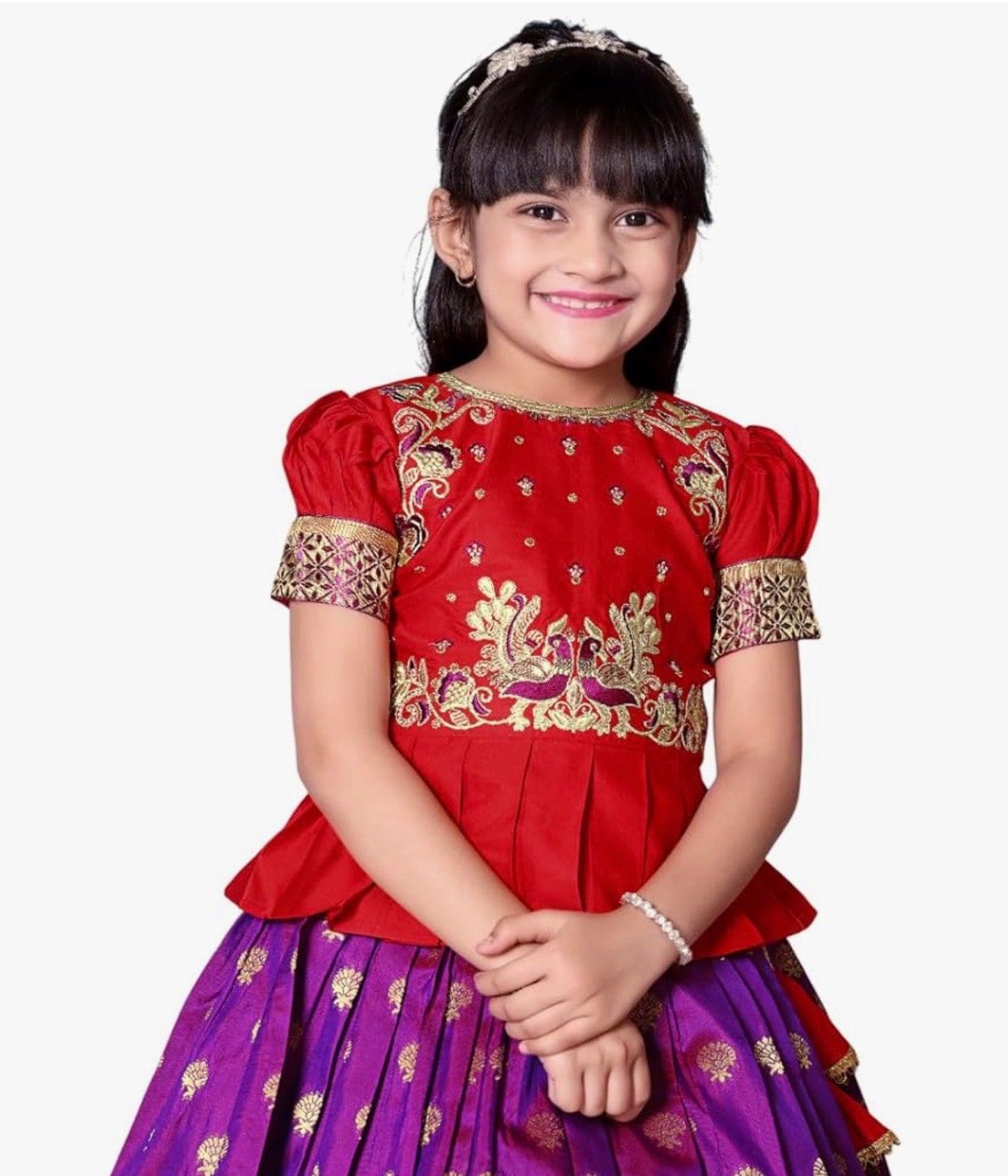 GIRLS SILK BLEND READYMADE PATTU PAVADAI/LEHENGA CHOLI - RED & VIOLET