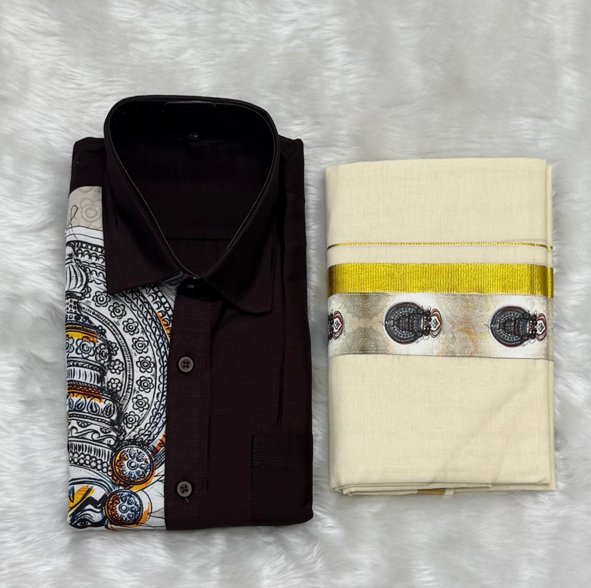 KADHAKALI HALF & HALF PRINTED SHIRT AND CREAM MUNDU COMBO - BROWN