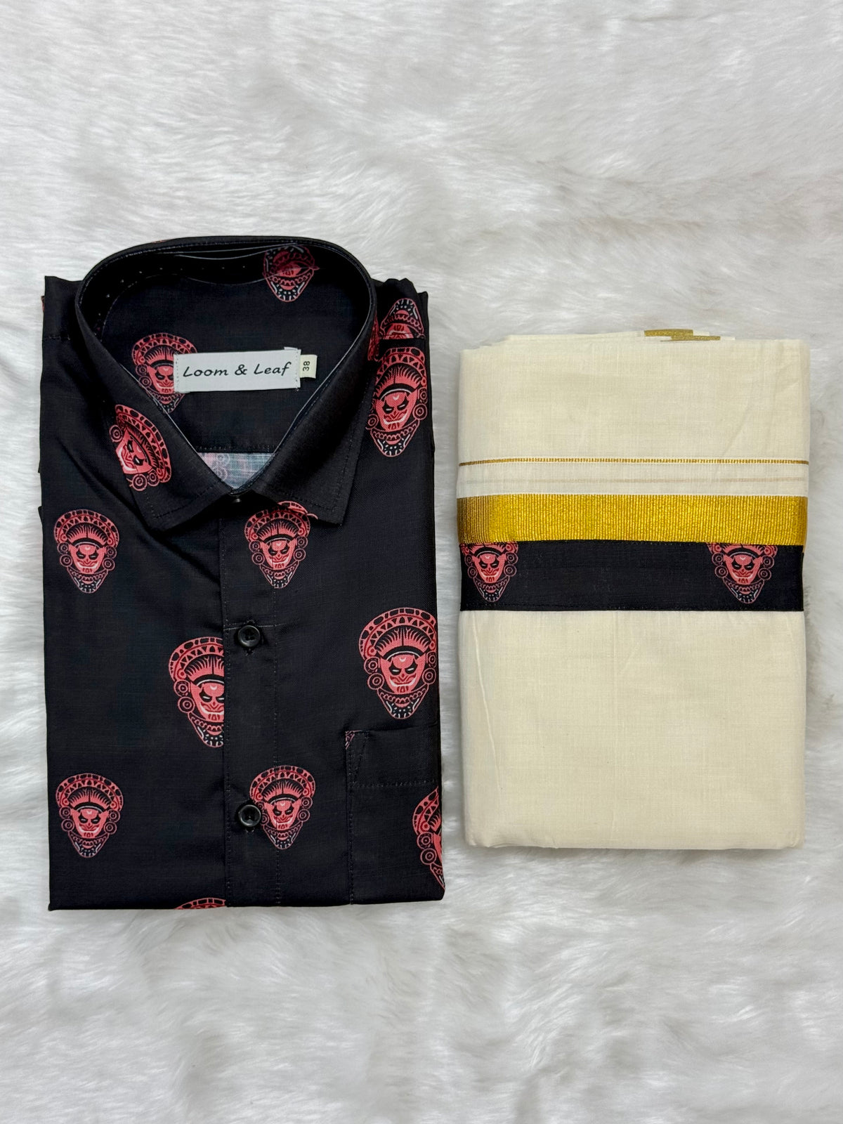 PREMIUM CULTURAL PRINTED SHIRT & MUNDU COMBO - BLACK