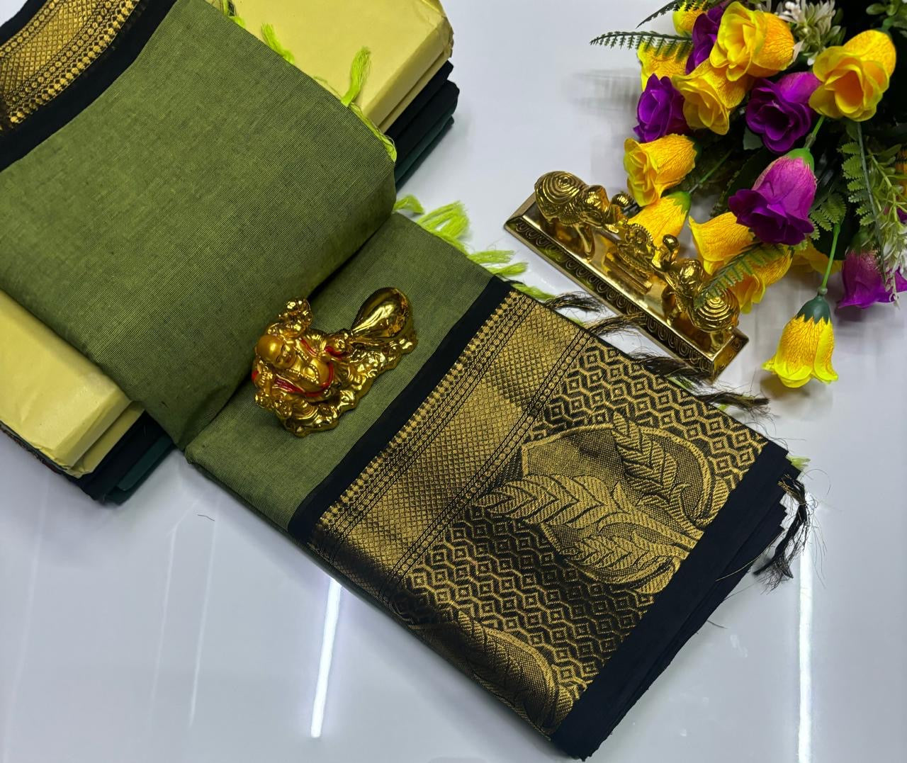 PURE KANCHI COTTON SAREES - GREEN