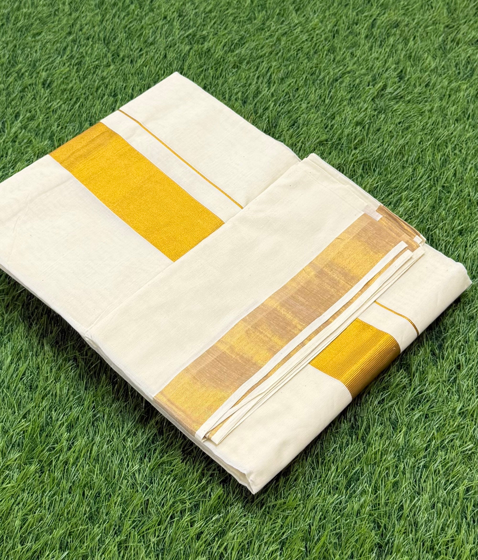 TRADITIONAL KASAVU COTTON SOLID SAREE - (GOLD,OFF WHITE)