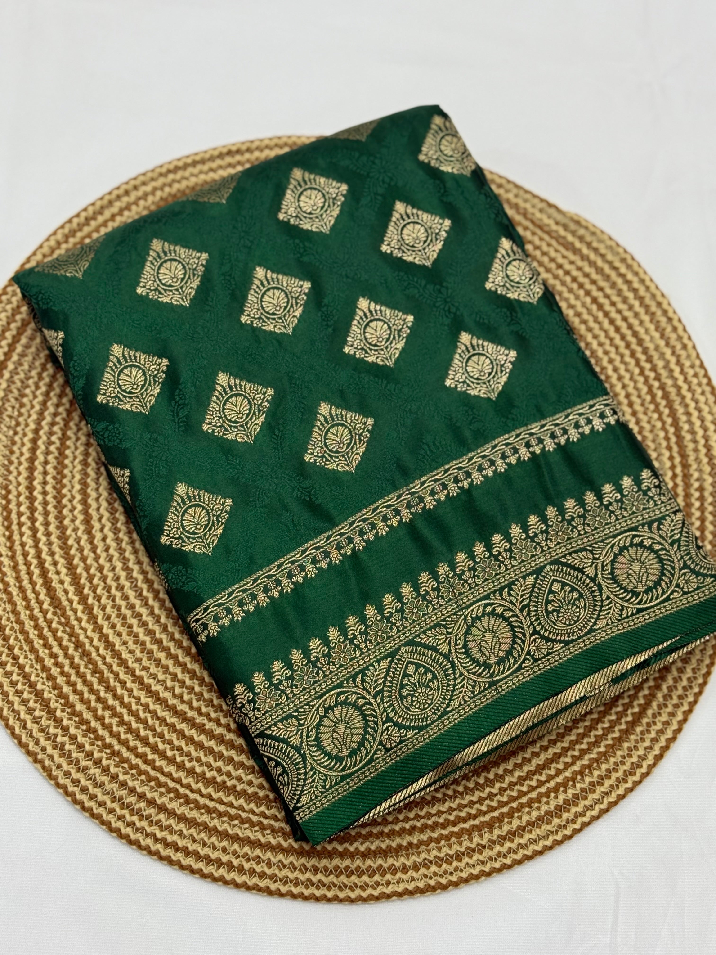 PREMIUM SATIN CREPE SILK SAREE - FOREST GREEN