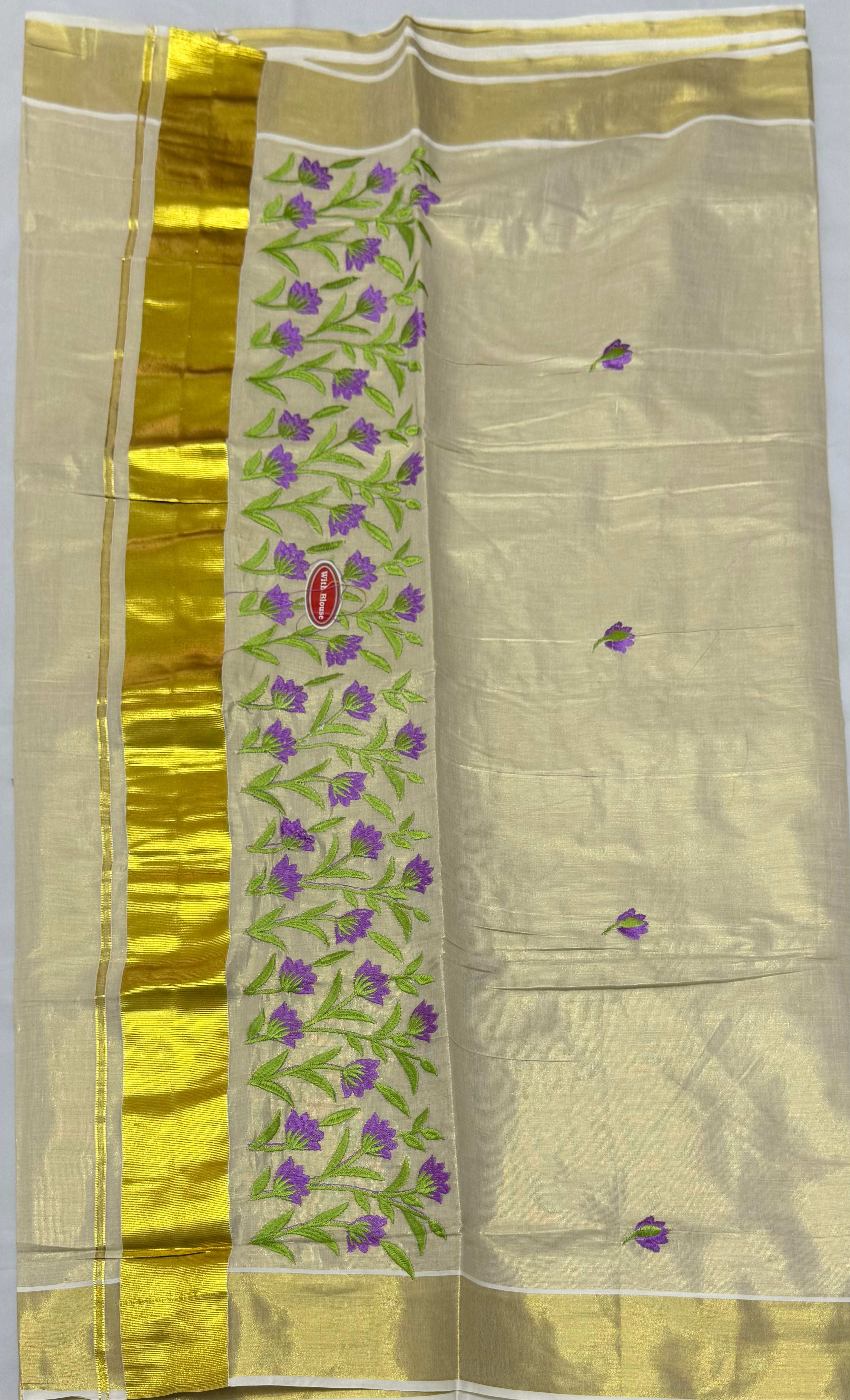 KERALA KASAVU TISSUE SILK EMBROIDERY  SAREE - (GOLD,CREAM)