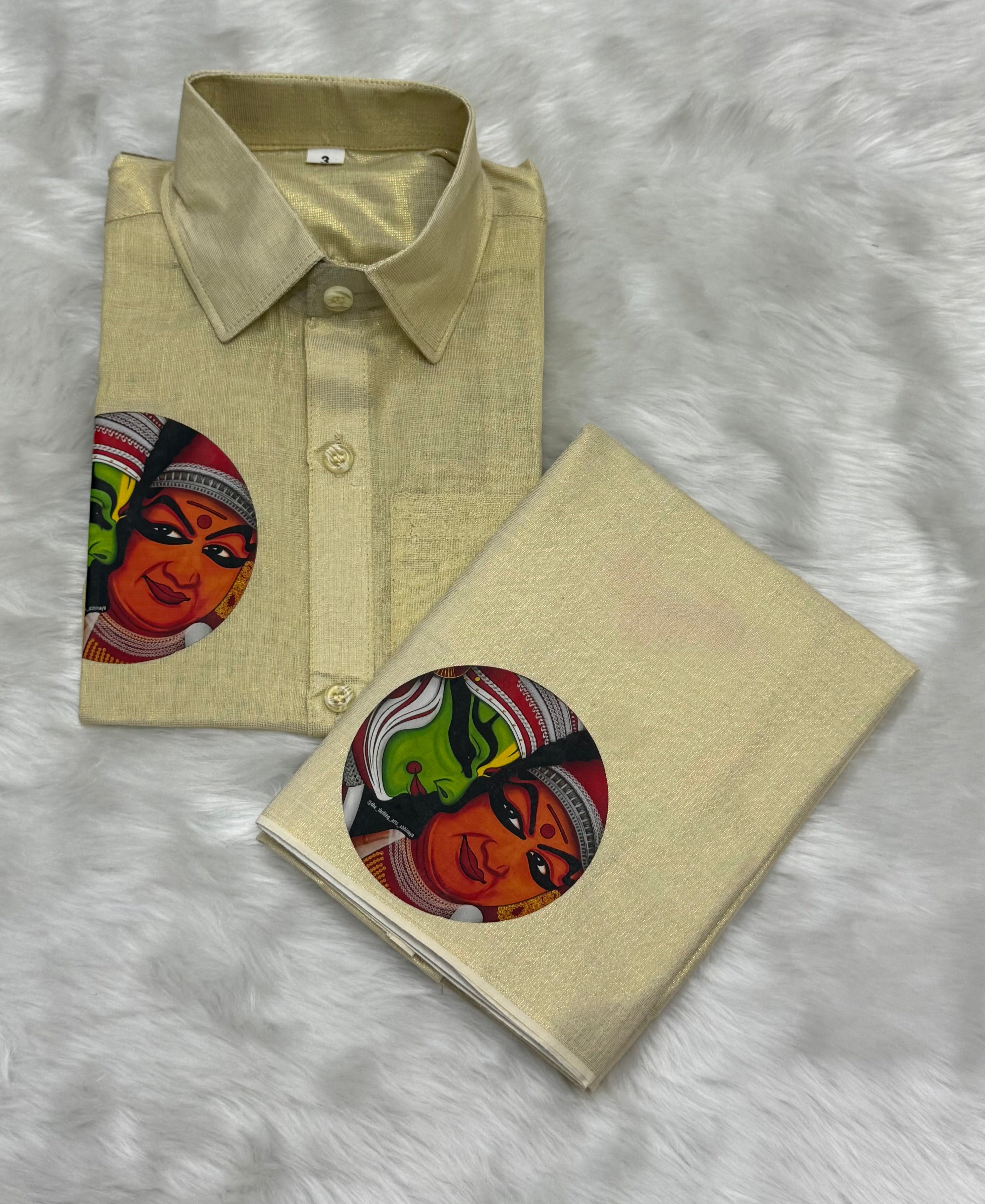 KIDS CULTURAL PRINTED VELCRO DHOTI & SHIRT COMBO SET - GOLD