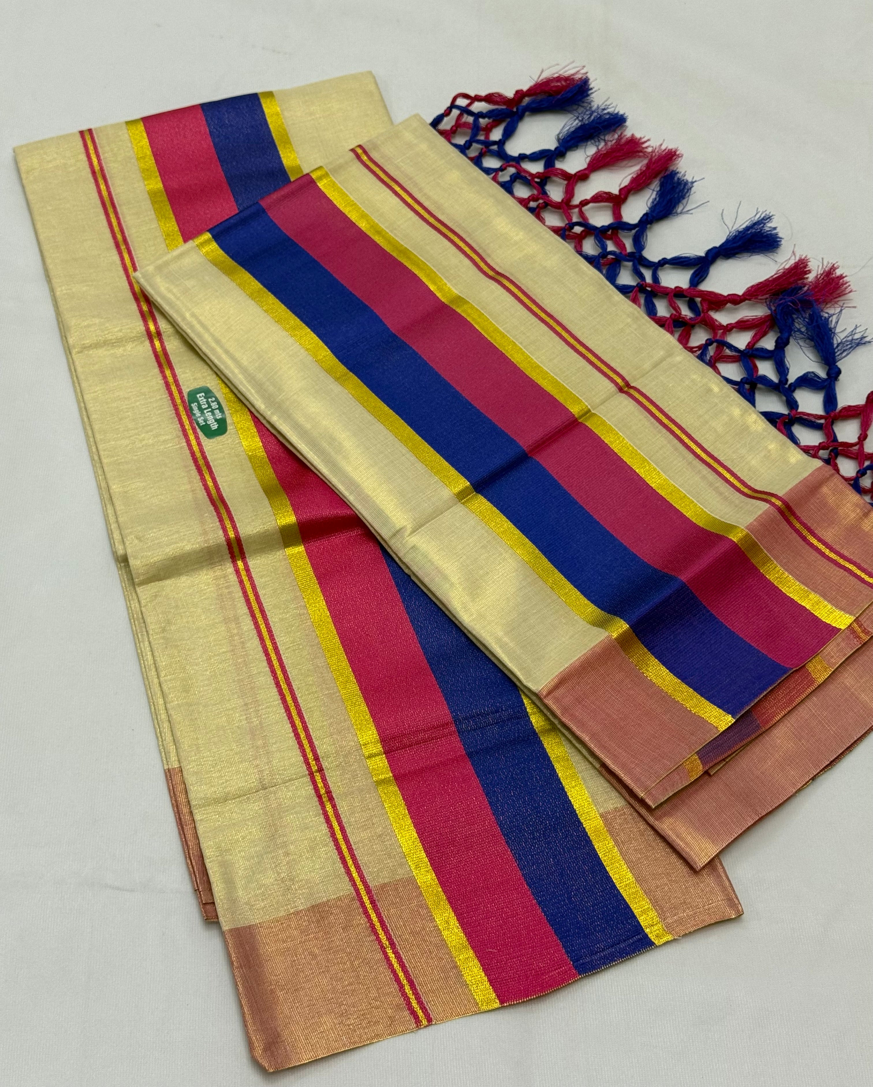 TISSUE SINGLE SET MUNDU (MUNDUM NERIYATHUM) WITH KARA BORDER - 2 X 2.80 MTRS - (CREAM,MULTI)