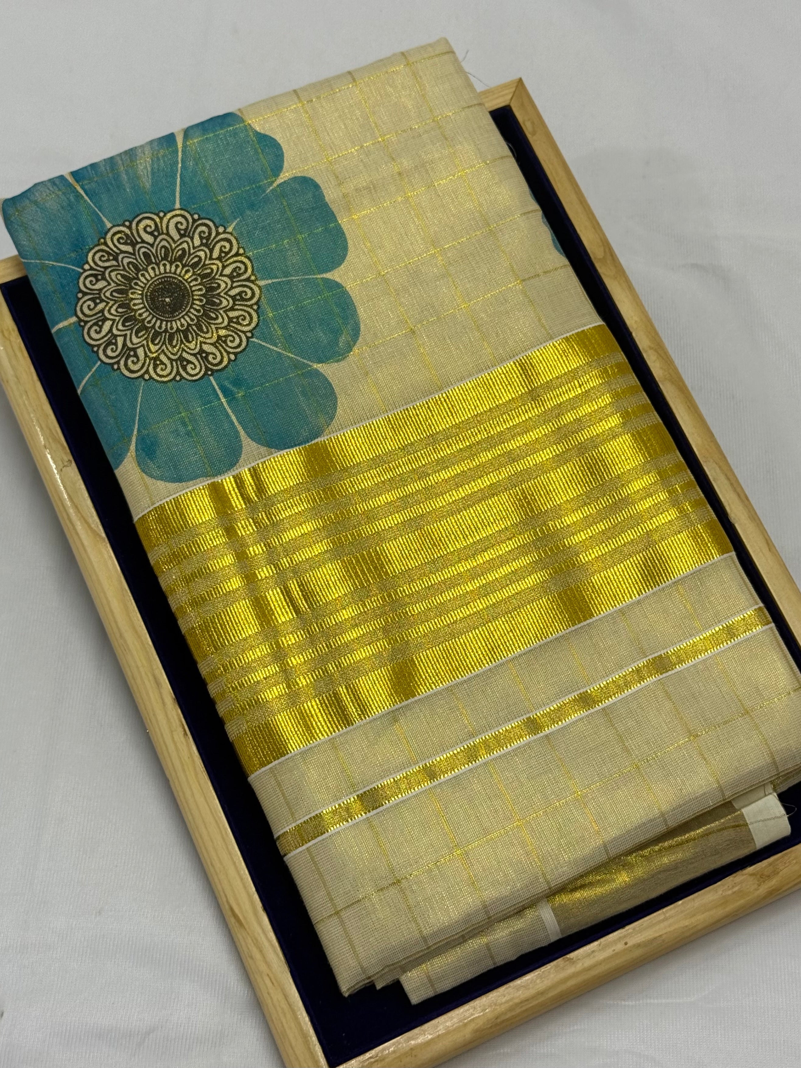 FLORAL PRINTED KASAVU TISSUE SAREE - (GOLD,CREAM)