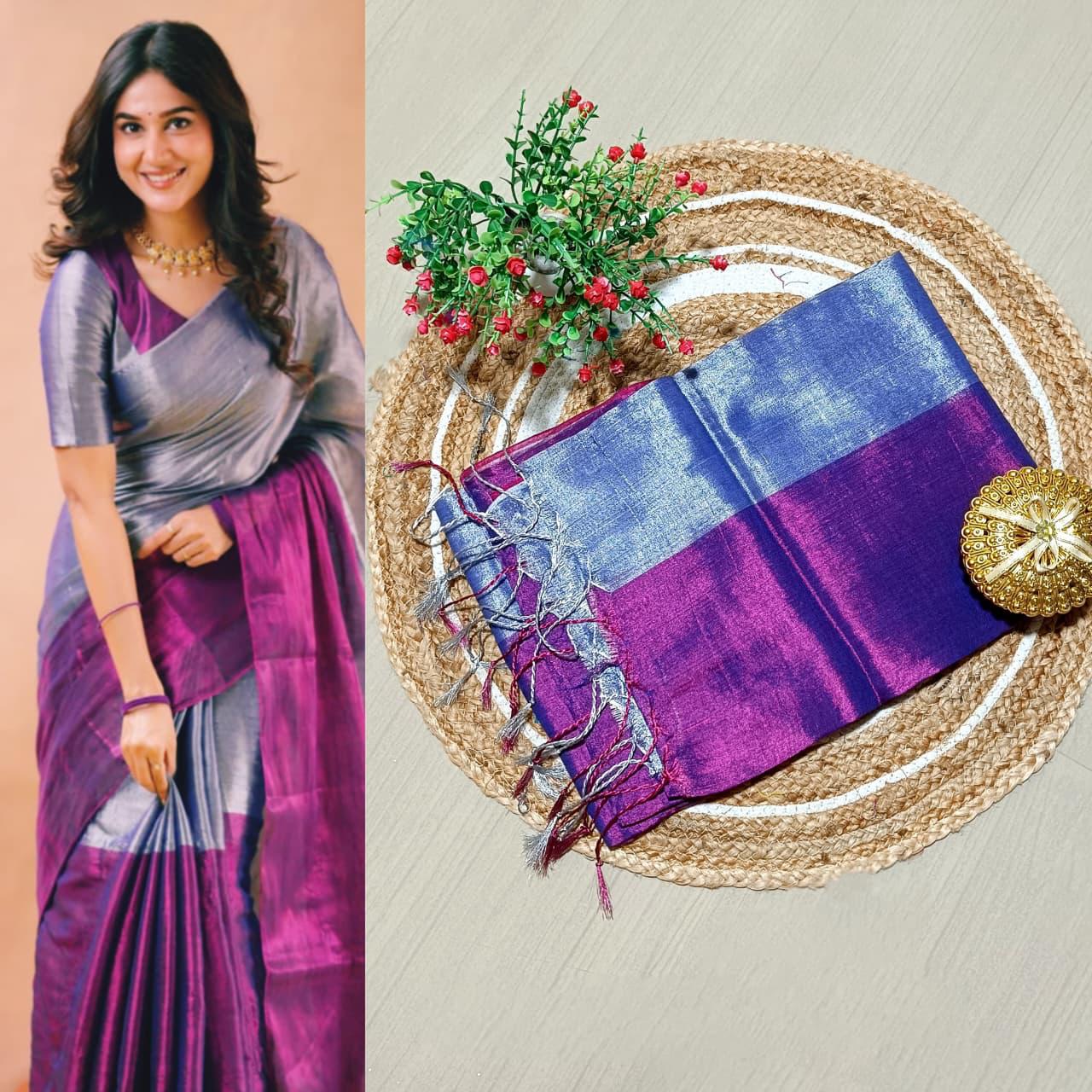 RAGA TISSUE HALF AND HALF SOFT SILK SAREE - VIOLET & GREYISH BLUE