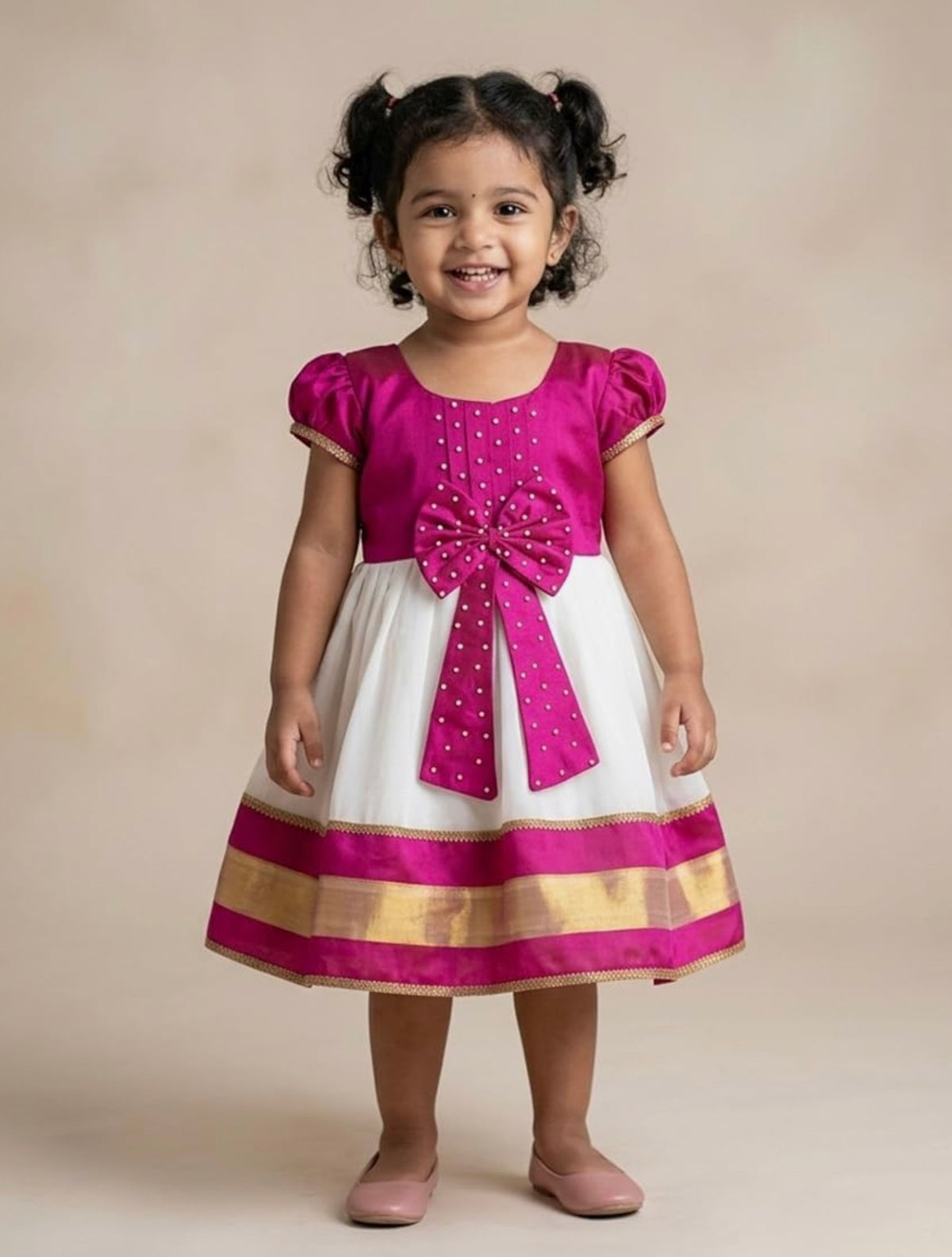 BABY GIRLS A-LINE MIDI PATTU PAVADAI DRESS IN PINK & OFFWHITE