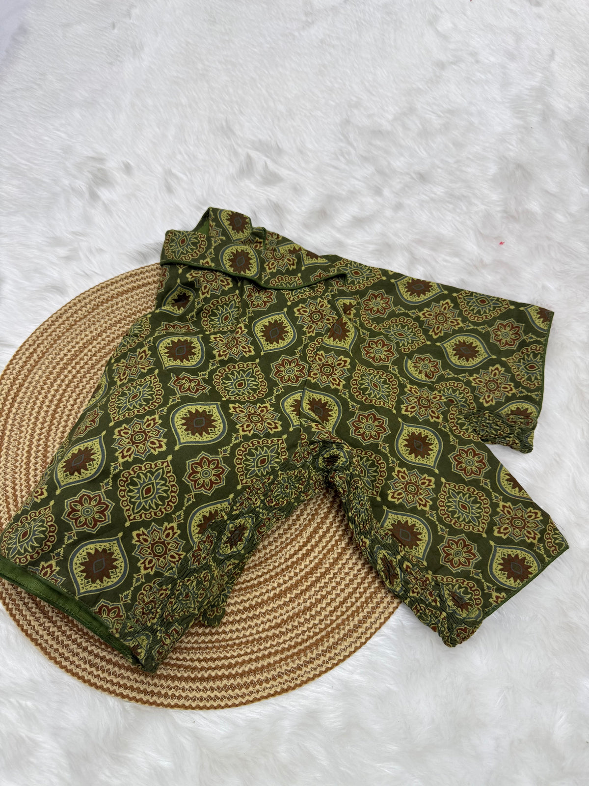 HIGH NECK COTTON READYMADE BLOUSE - OLIVE GREEN