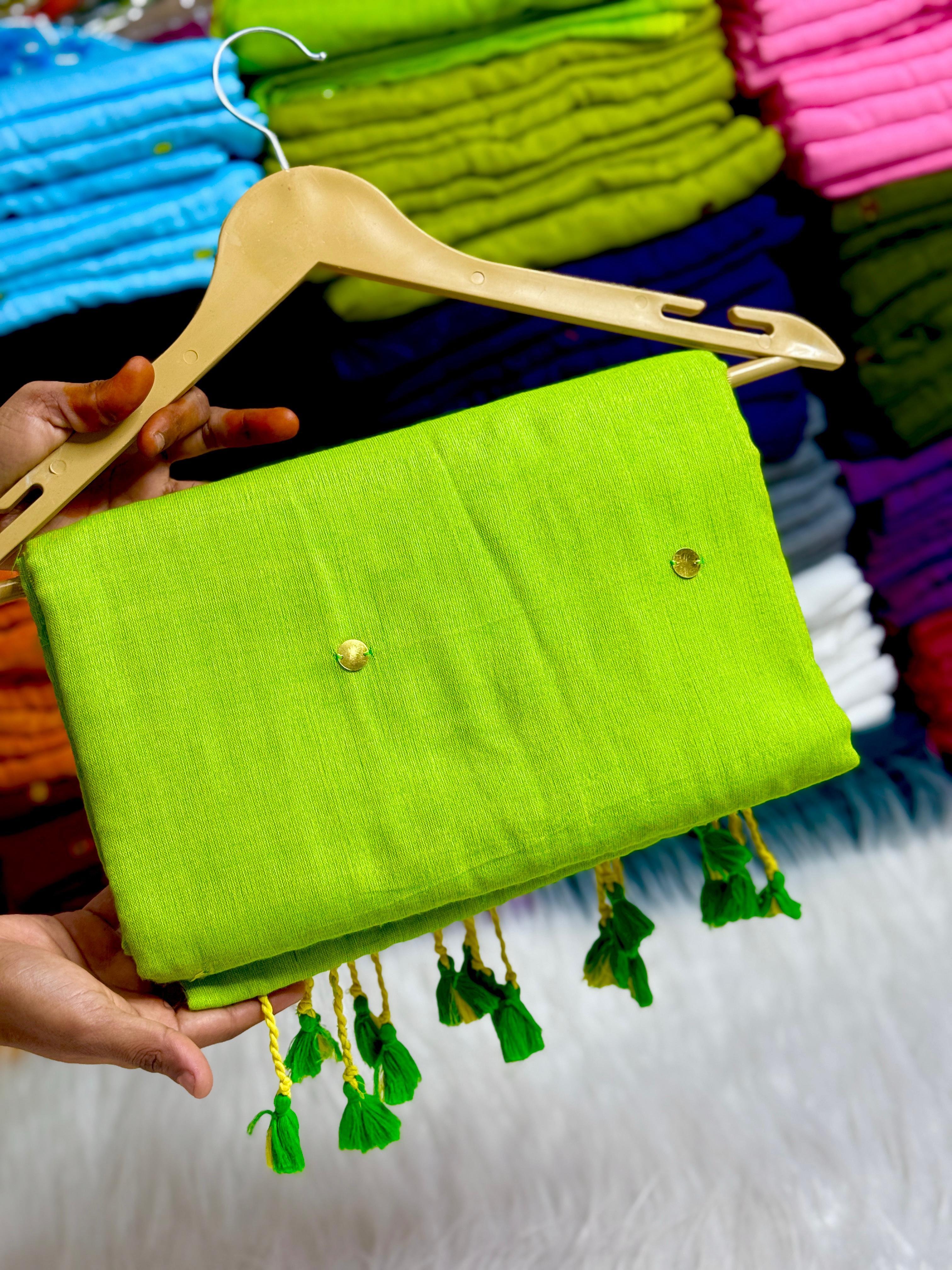 PURE KHADI MIRROR WORK COTTON SAREES - GREEN