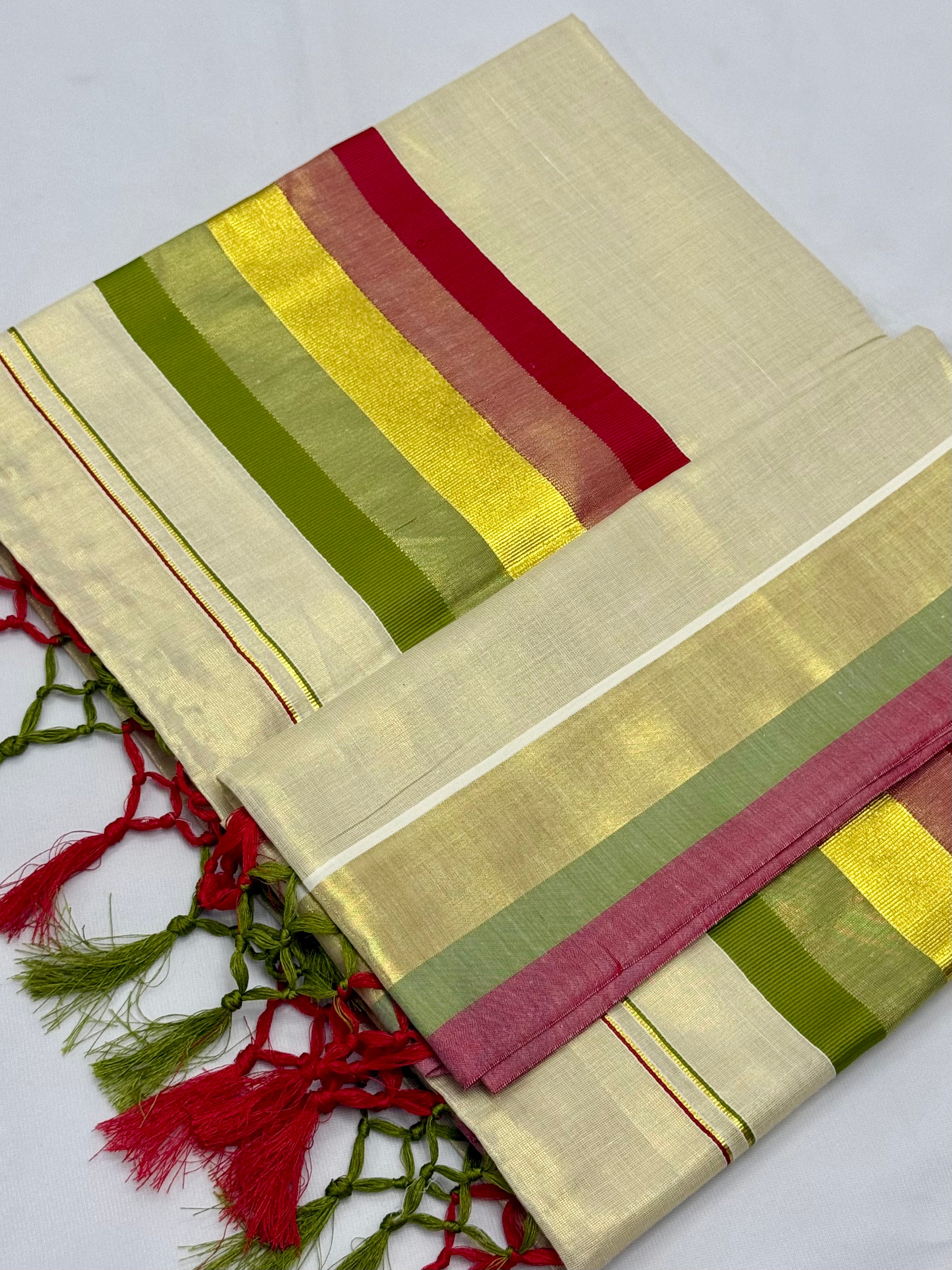 MULTI COLOUR STRIPES GOLDEN KASAVU TISSUE SAREE - (CREAM,GOLD)