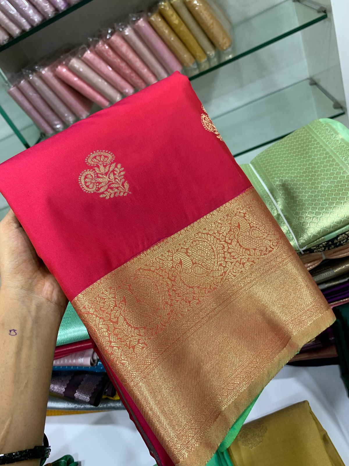 SEMI KANCHI SILK SAREE - PINK & SEAFOAM GREEN