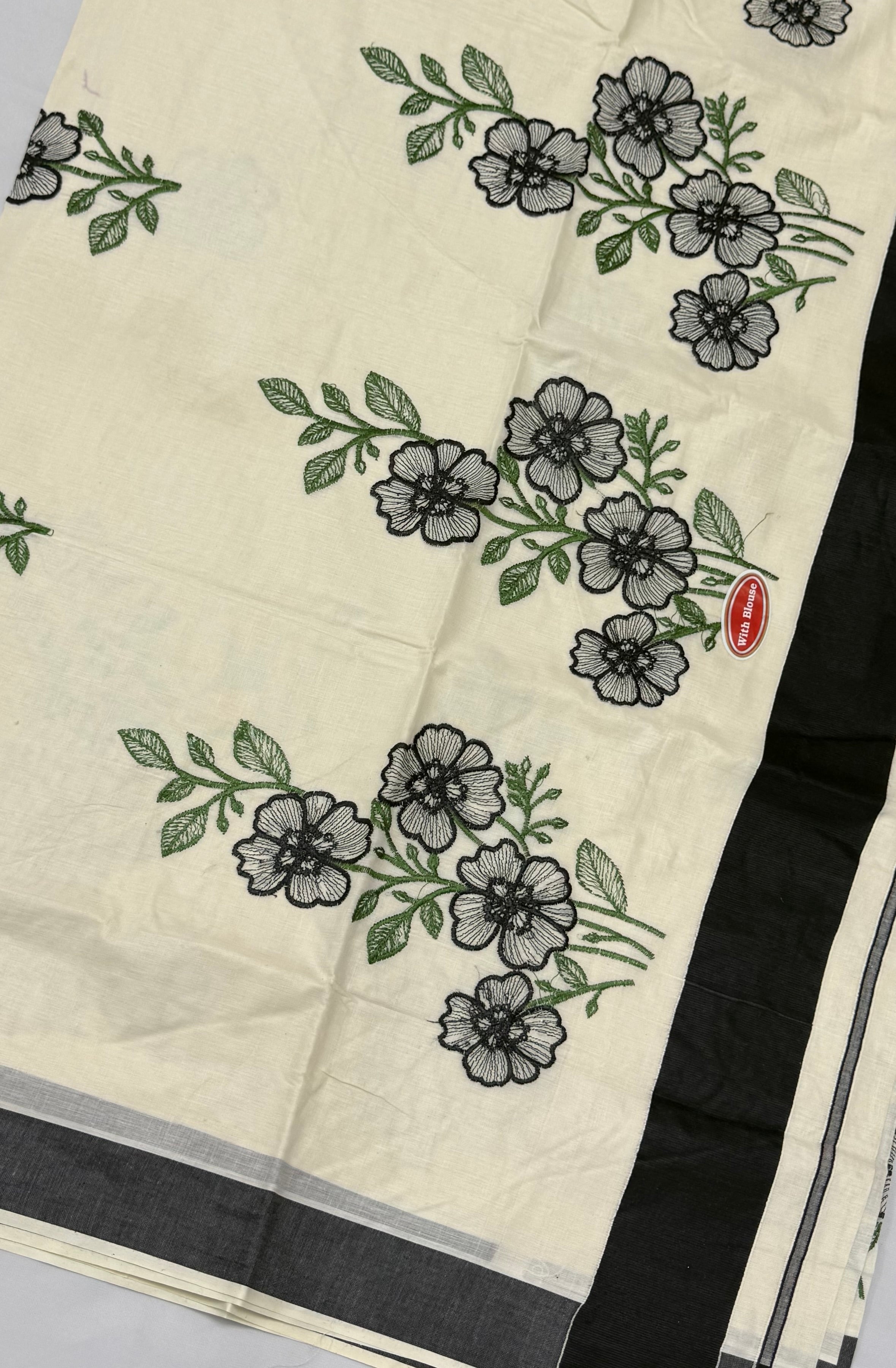 KERALA KASAVU COTTON EMBROIDERY SAREE - (OFF WHITE,BLACK)
