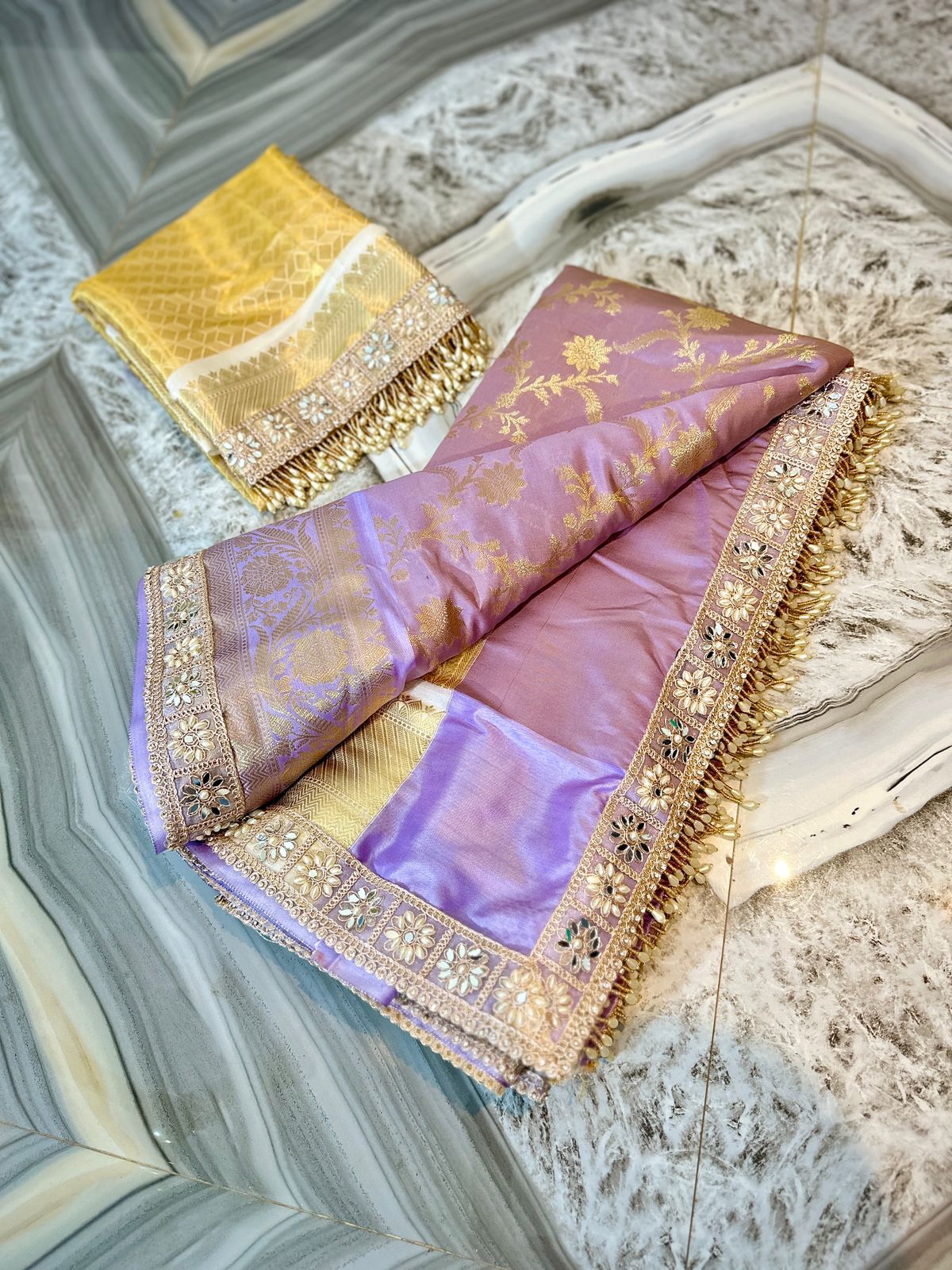 GRAND LACE WORK BANARASI TISSUE SILK SAREE - LAVENDER