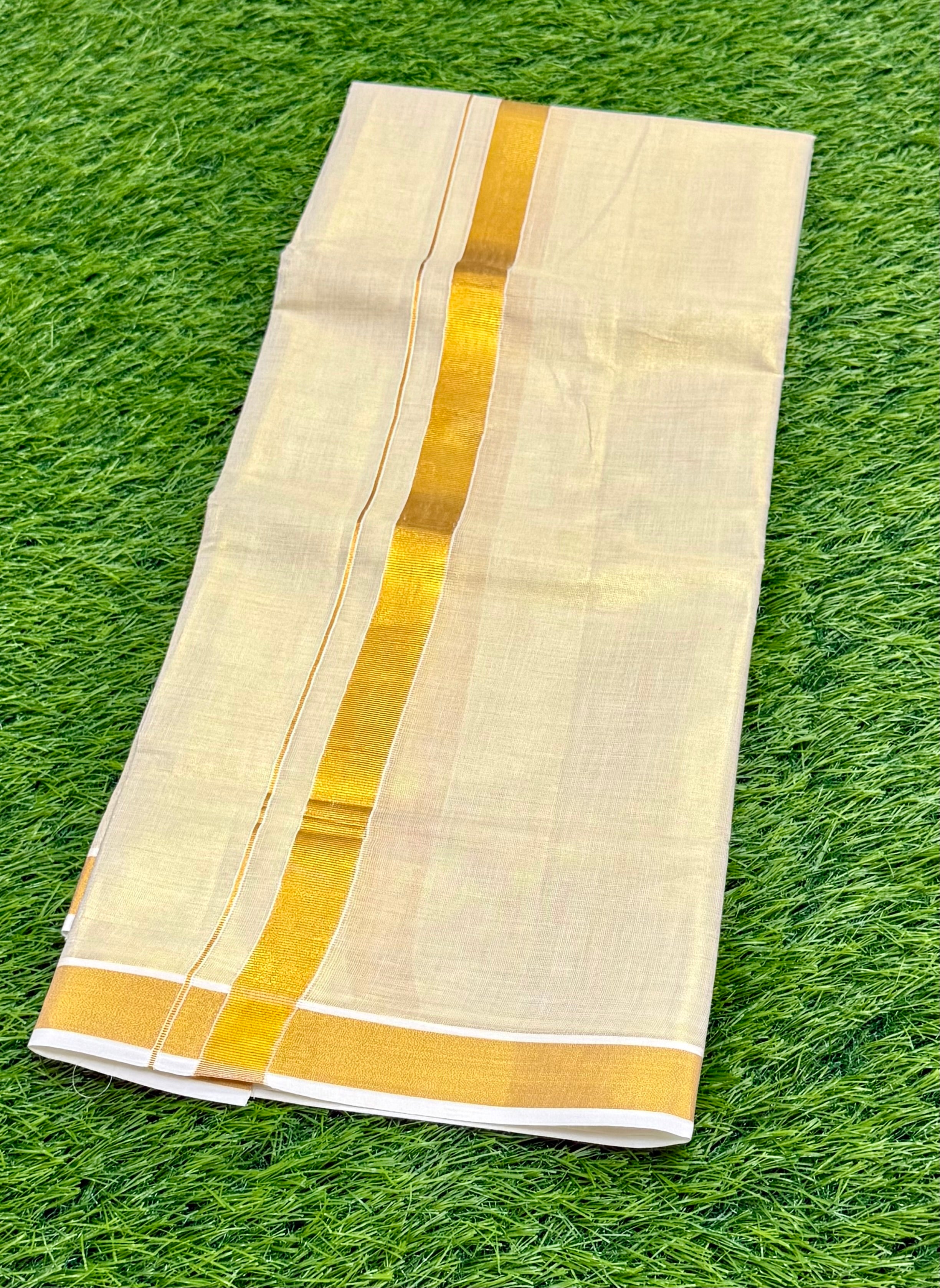 MEN'S PREMIUM TISSUE DOUBLE DHOTI CREAM WITH GOLD ZARI BORDER 1''