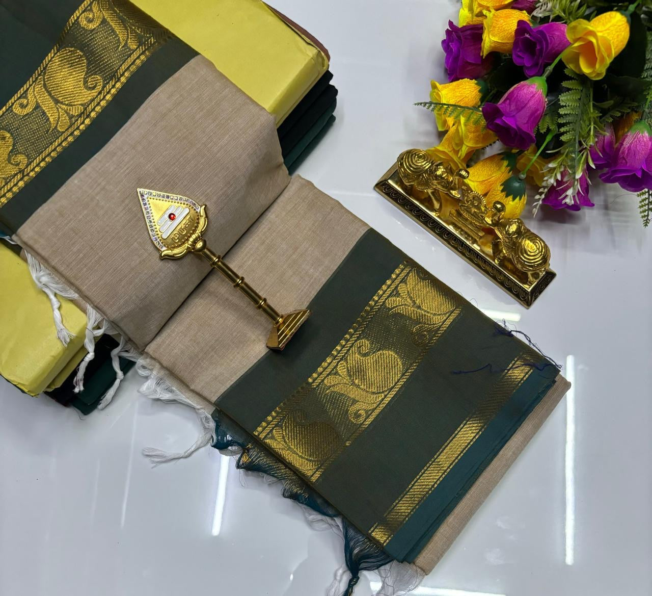 PURE KANCHI COTTON SAREES - CREAM