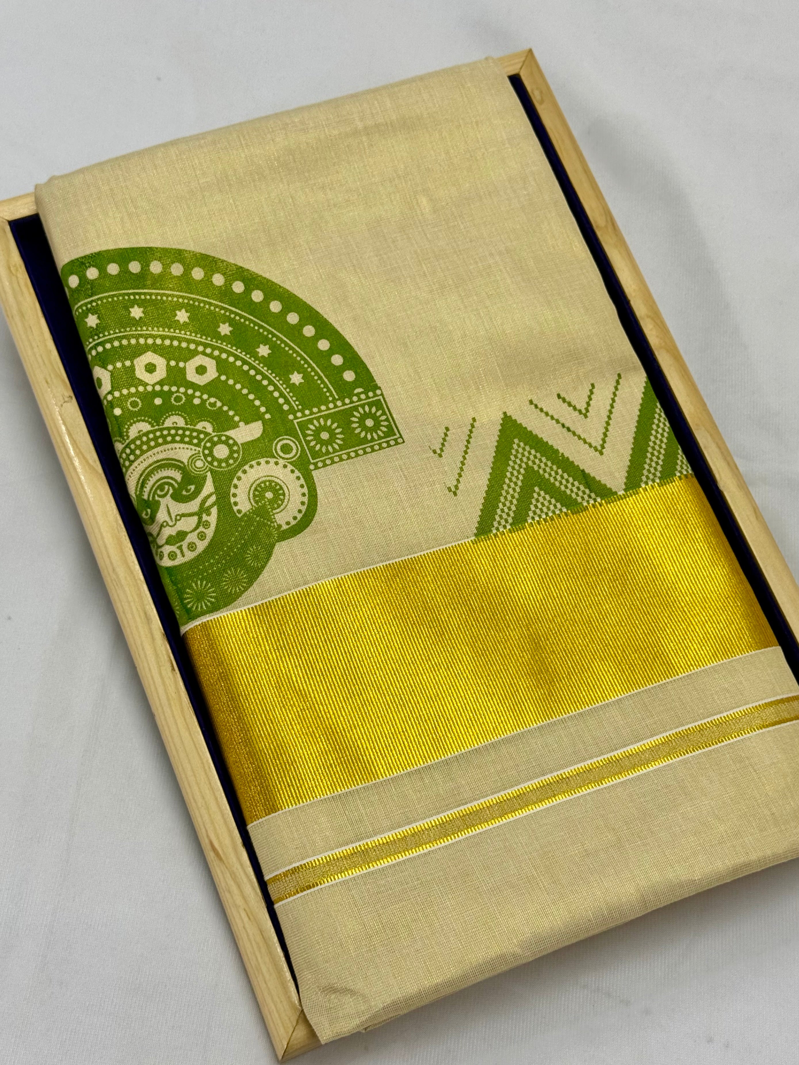 MURAL ART KASAVU TISSUE KERALA SAREE (GOLD,CREAM)
