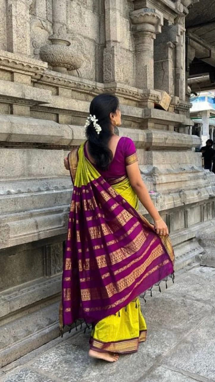 PREMIUM GADWAL/KALYANI COTTON SILK SAREES - CHARTREUSE GREEN